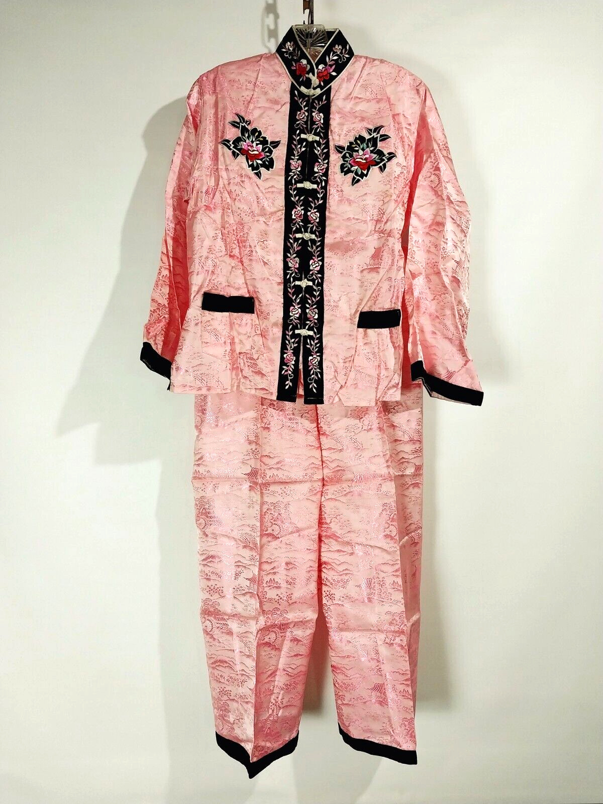 Vintage Japanese 2-Pc Pink Embroidered Silk Pajamas Floral Embroidery