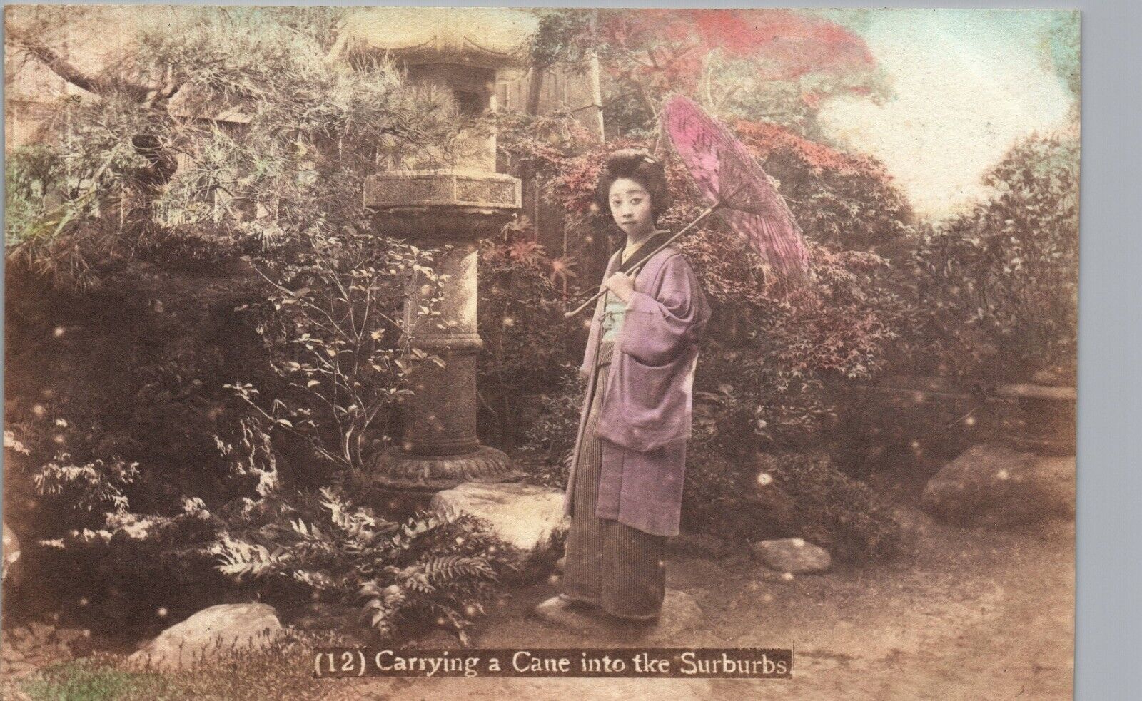 JAPANESE GEISHA CARRYING CANE TO SUBURBS c1910 real photo postcard rppc japan