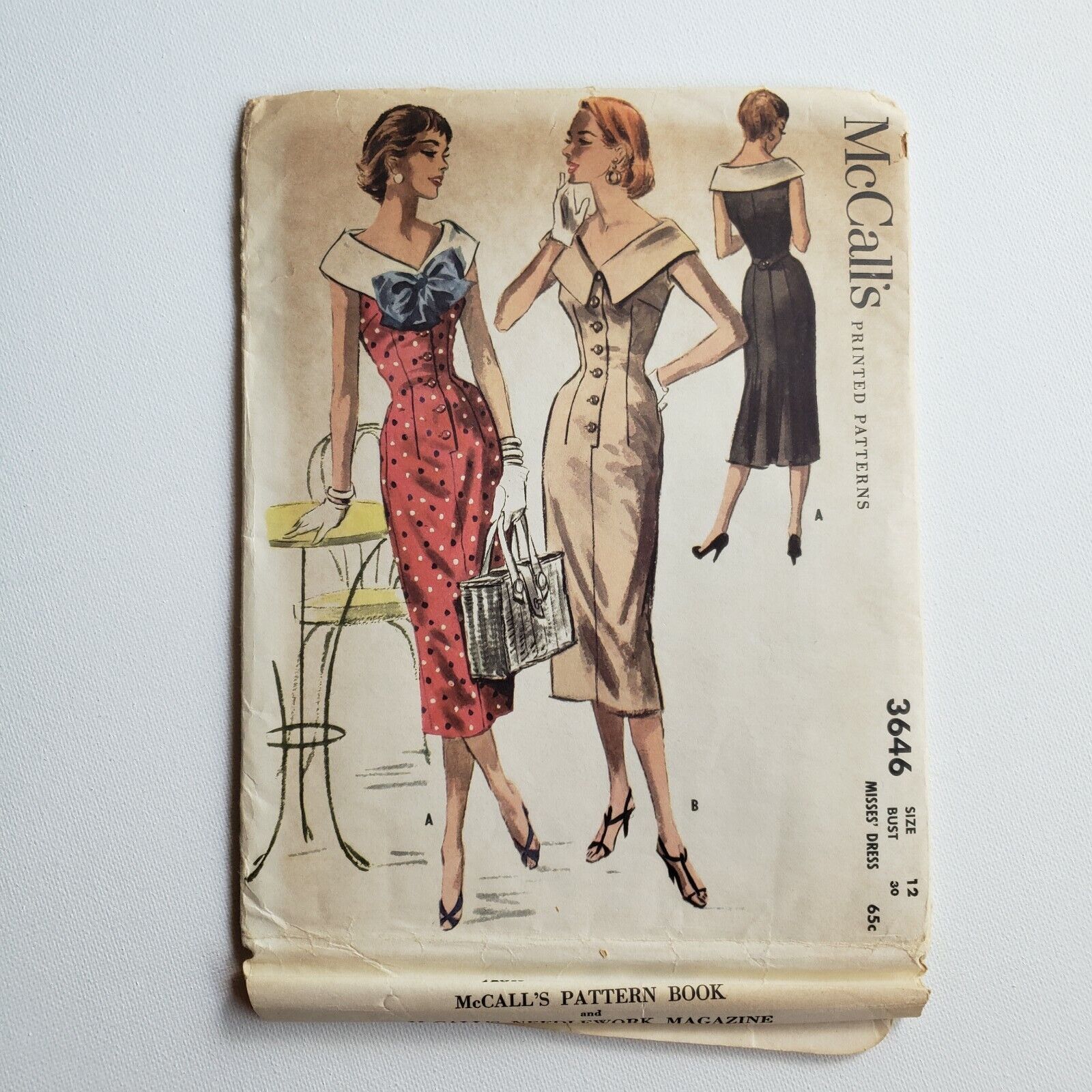 1950s Vintage McCalls 3646 Almost Off The Shoulder Portrait Collar Dress Pattern