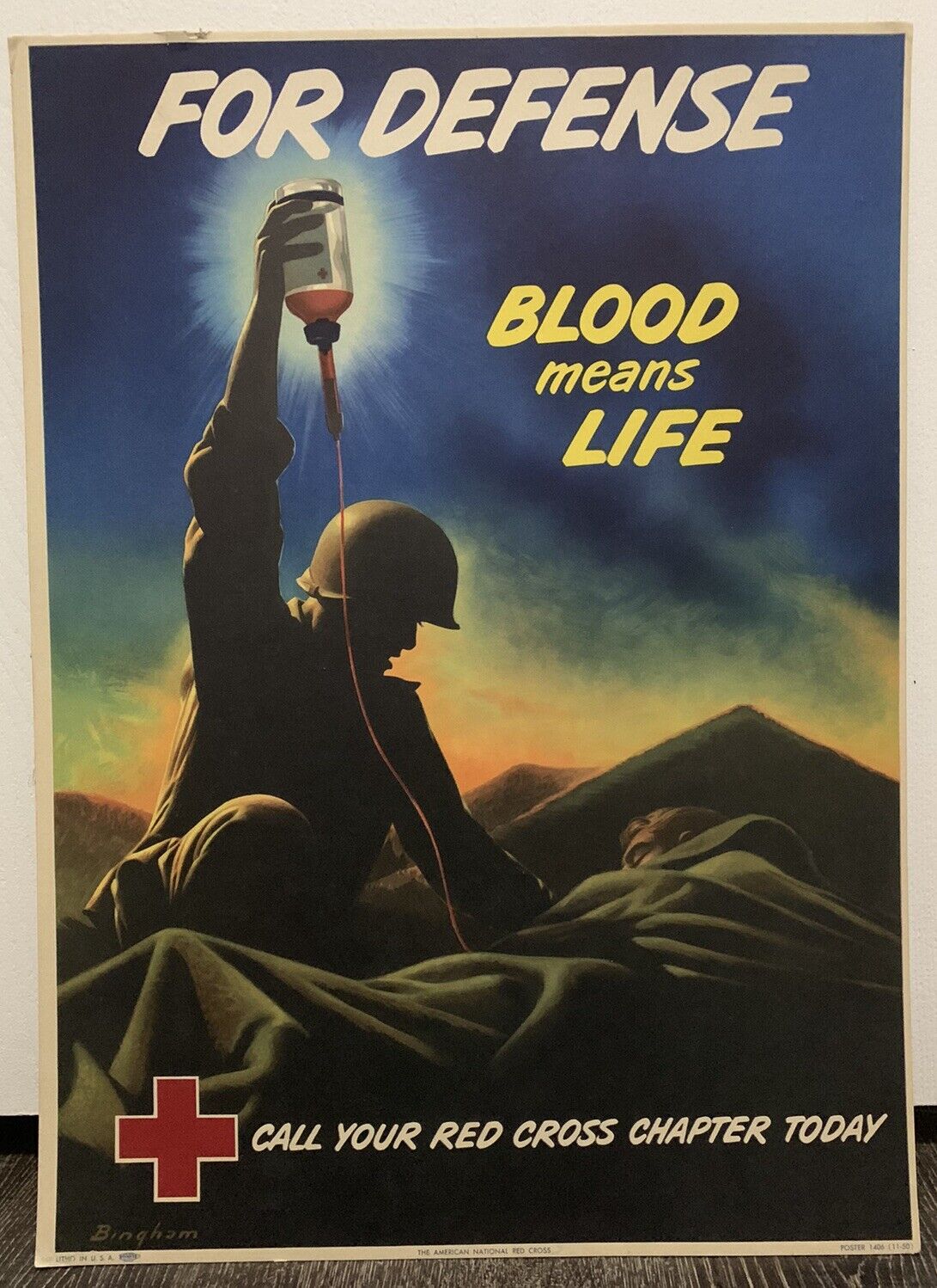 Original WW2 American Red Cross Litho Cardboard Poster Blood Means Life