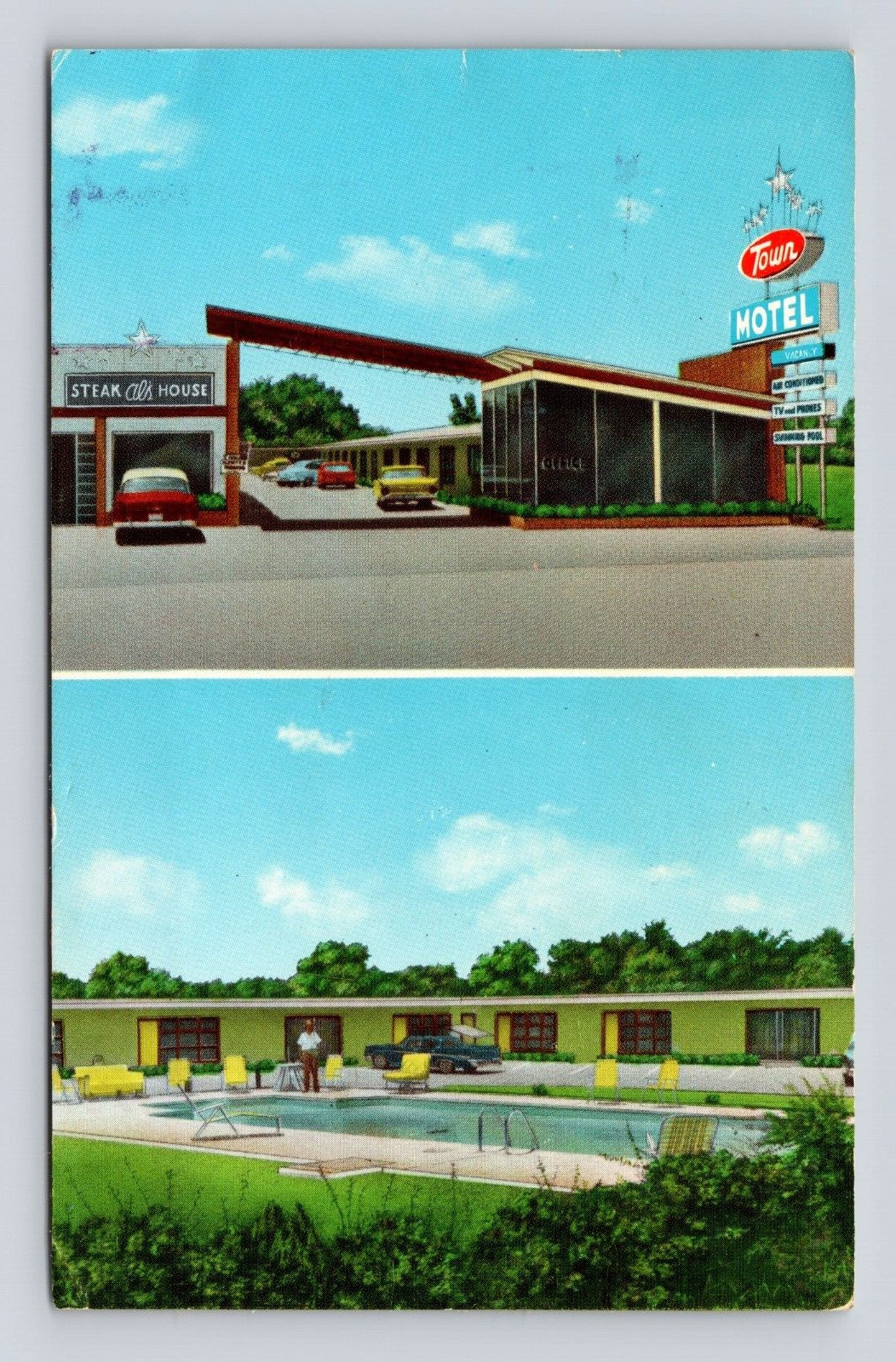 Old Postcard Columbus MS 194 Town Motel Al\'s Steak House Restaurant 1964