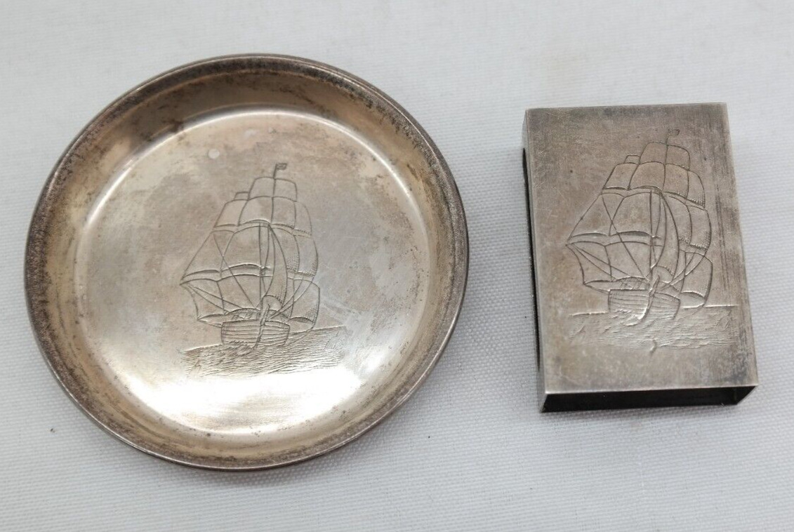 Vintage Sterling Silver Clipper Ship Cigarette Pack Cover & Ash Tray WE
