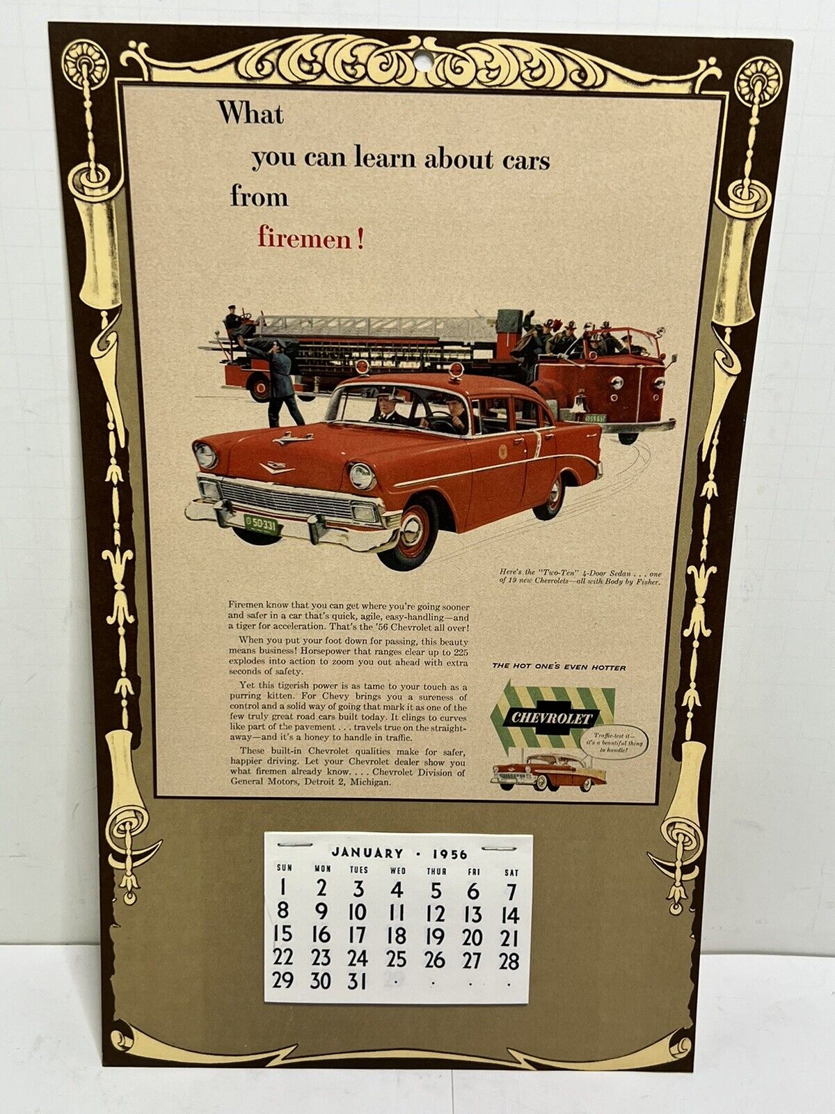 Vintage Original 1956 Chevrolet / Firefighting Tear Off Wall Calendar Unused NOS