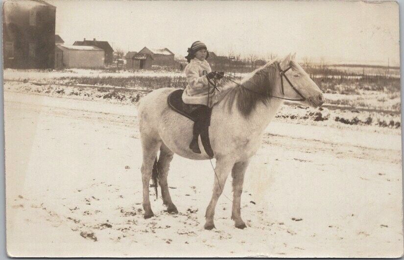 Vintage 1910s RPPC Photo Postcard Little Girl on White Horse - Winter Scene