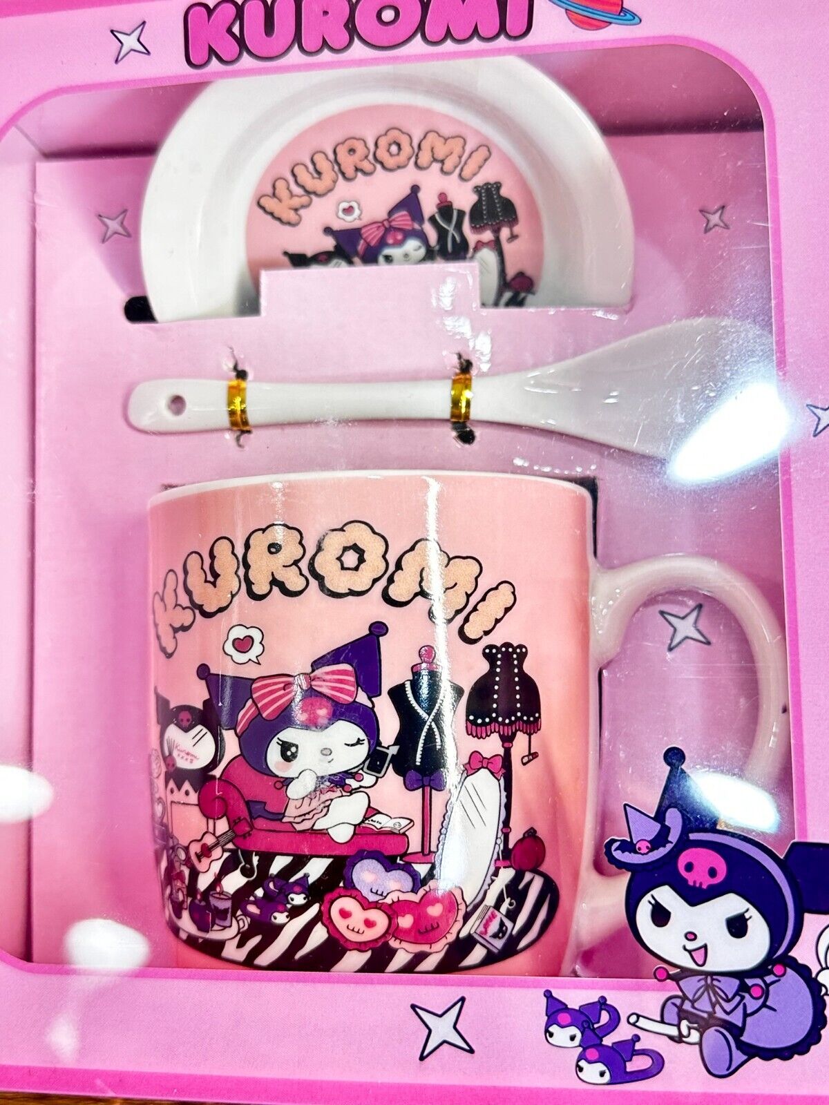 Sanrio Kuromi, Hello Kitty  Coffe Mug Ceramic Cup set plate and spoon, 20 oz. 