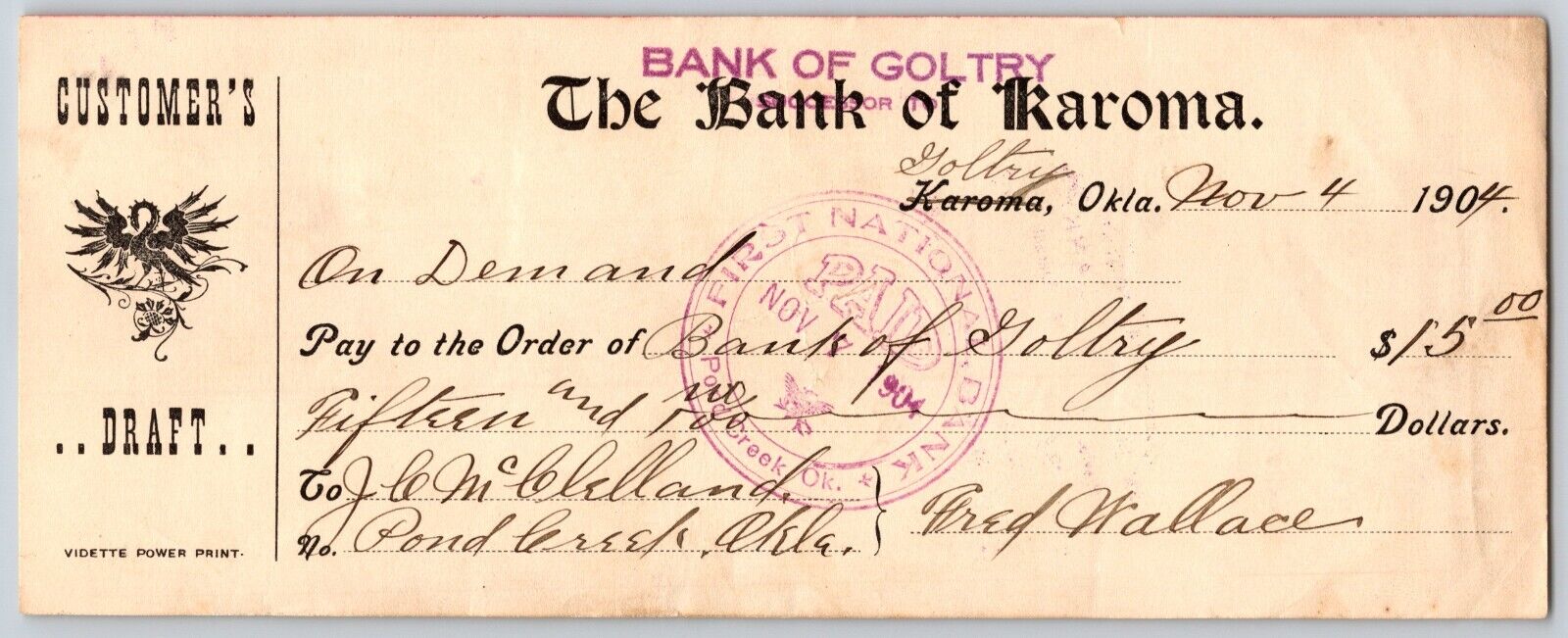 Karoma / Goltry, Oklahoma Territorial 1904 Bank Check Scarce
