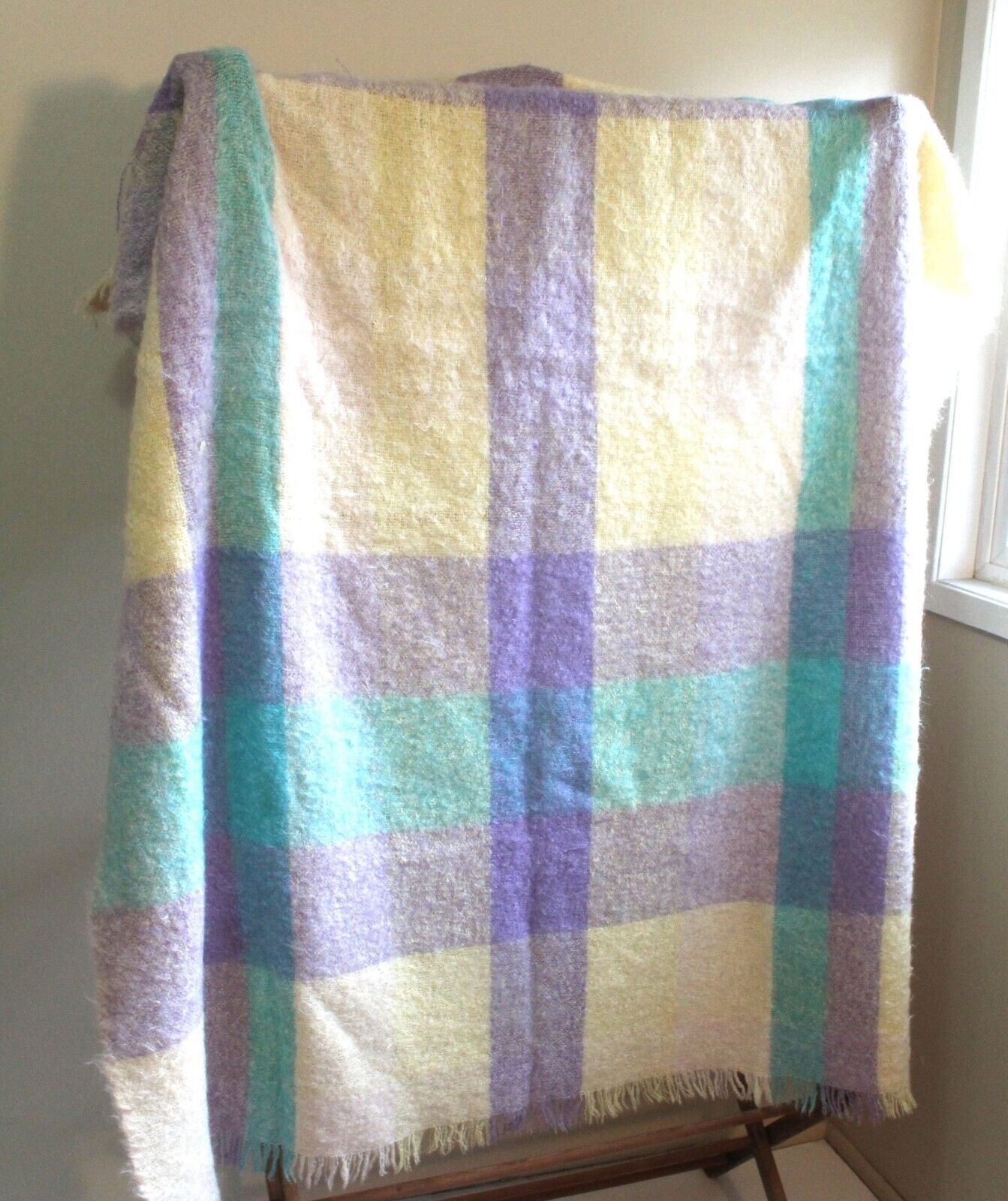 48 X 76 Craig Na Creidhe Aqua Lilac Mohair Wool Blanket Throw VTG 50s Scotland