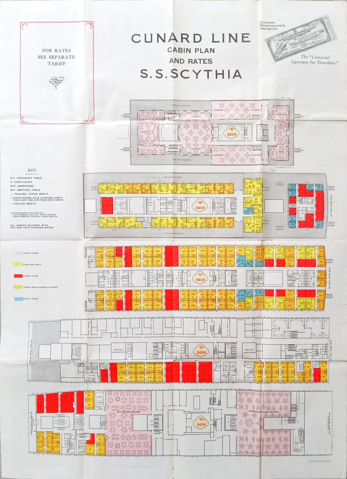 RMS SCYTHIA Cunard Line Cruise BrochureCabin Plan Rates Deck Plan November, 1928