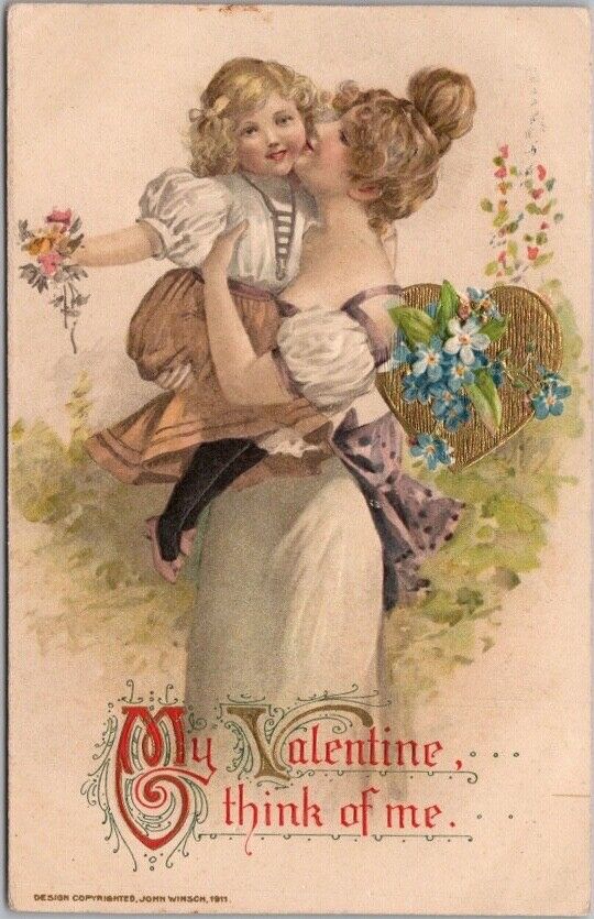 1913 Winsch VALENTINE'S DAY Embossed Postcard Mother & Daughter Artist SCHMUCKER