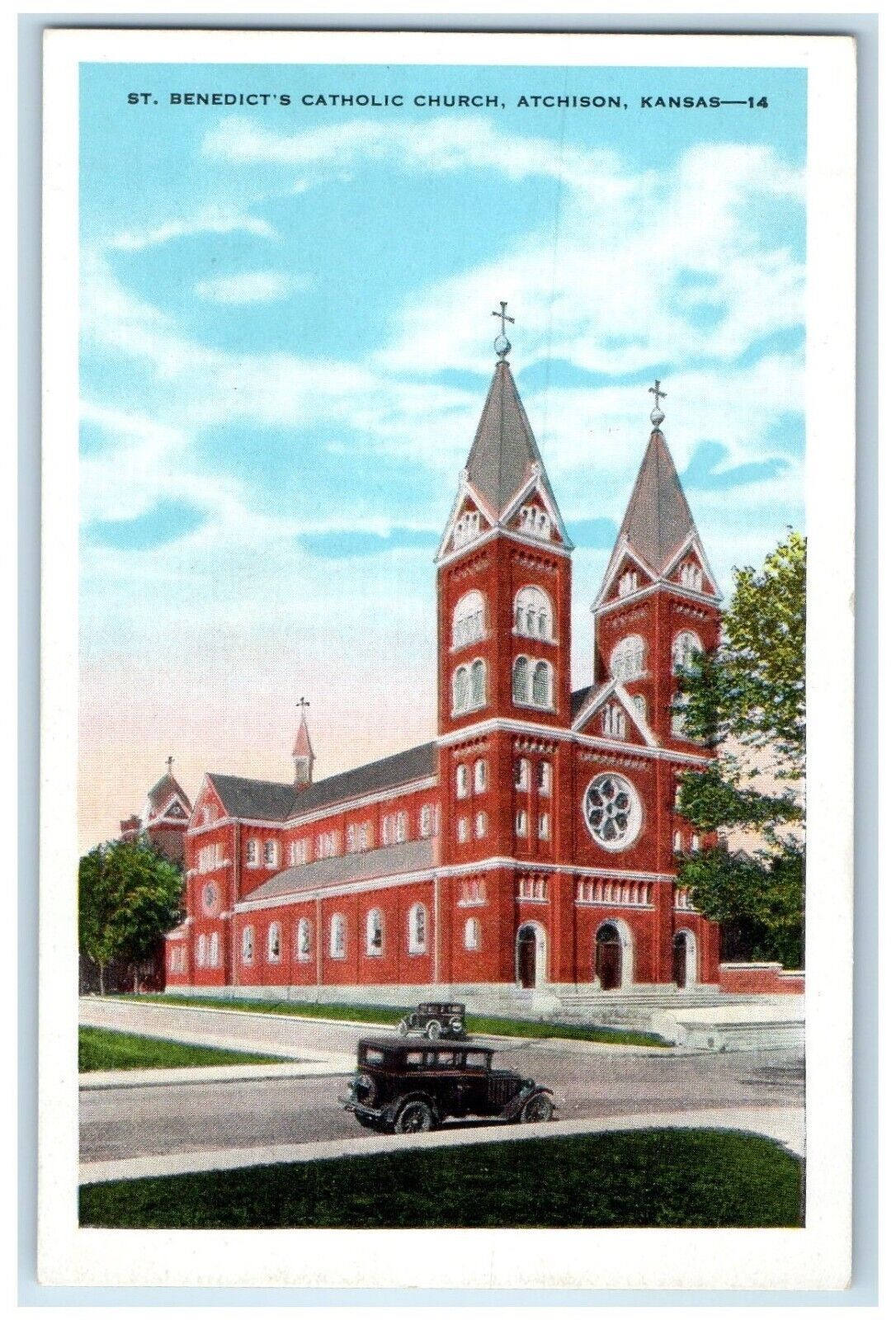 c1910's St. Benedict's Catholic Church Cars Atchison Kansas KS Antique Postcard