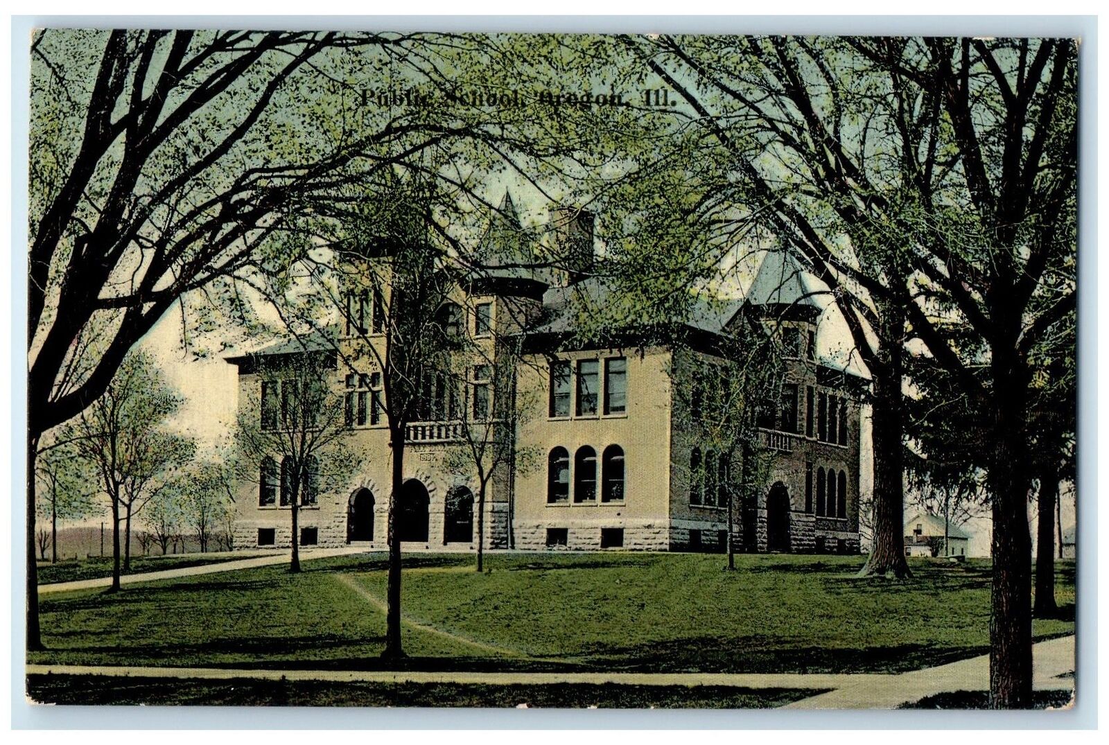c1910 Public School Campus Building Entrance Trees Oregon Illinois IL Postcard