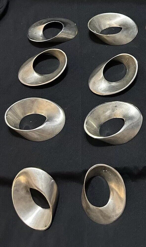 8 Mid Century Modernist Silver Sculptural Napkin Rings Organic Round Brutalist