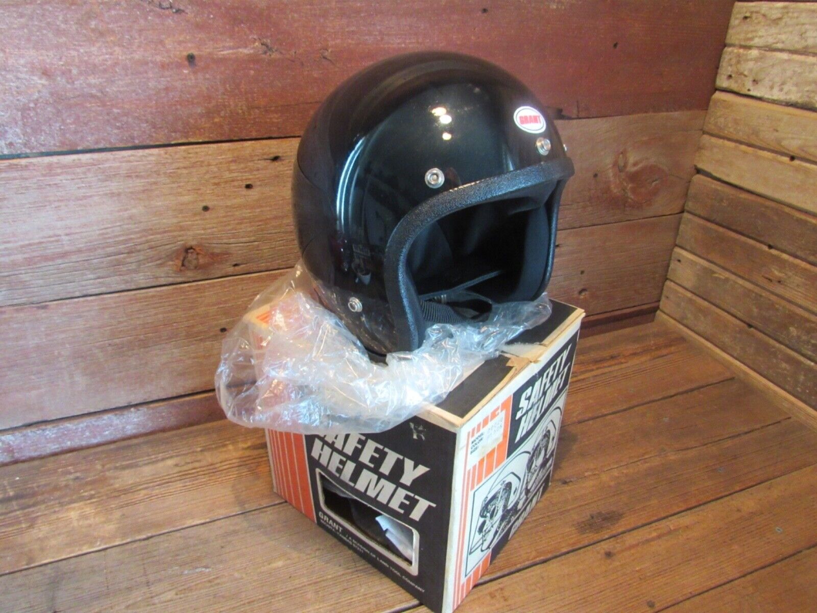 Vintage 1970's Grant Black Motorcycle Helmet Half Face With Original Box