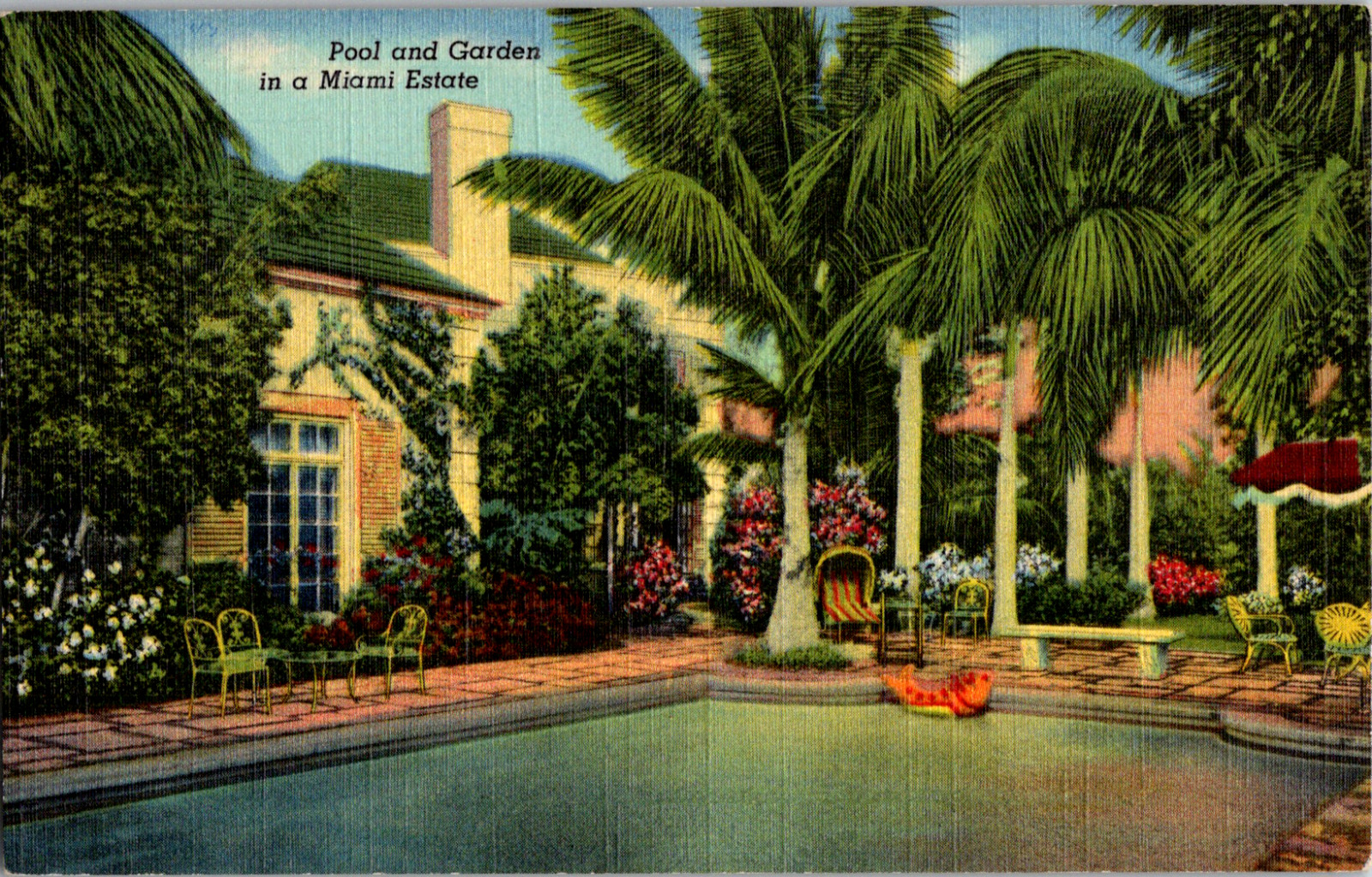 Vintage 1940s Beautiful Miami Estate Backyard Pool & Garden Florida FL Postcard 