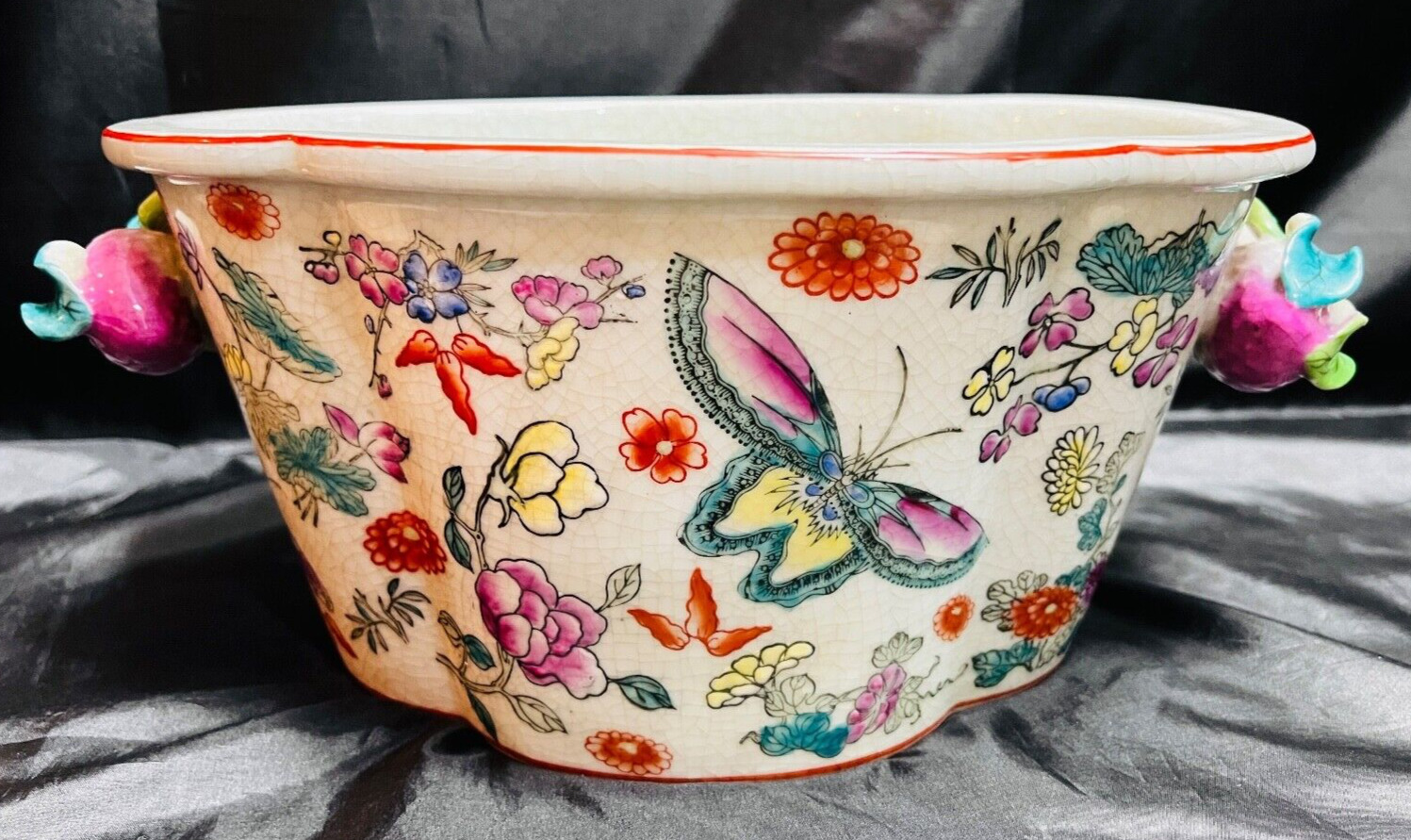 Unique & Rare Chinese Famille Rose Butterfly Planter / Flower Pot / Jardiniere