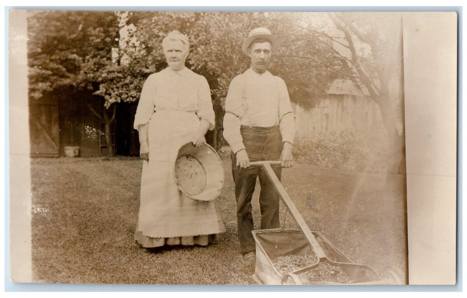 c1910\'s Old Man Woman Lawn Garden Mowing Mower RPPC Photo Antique Postcard