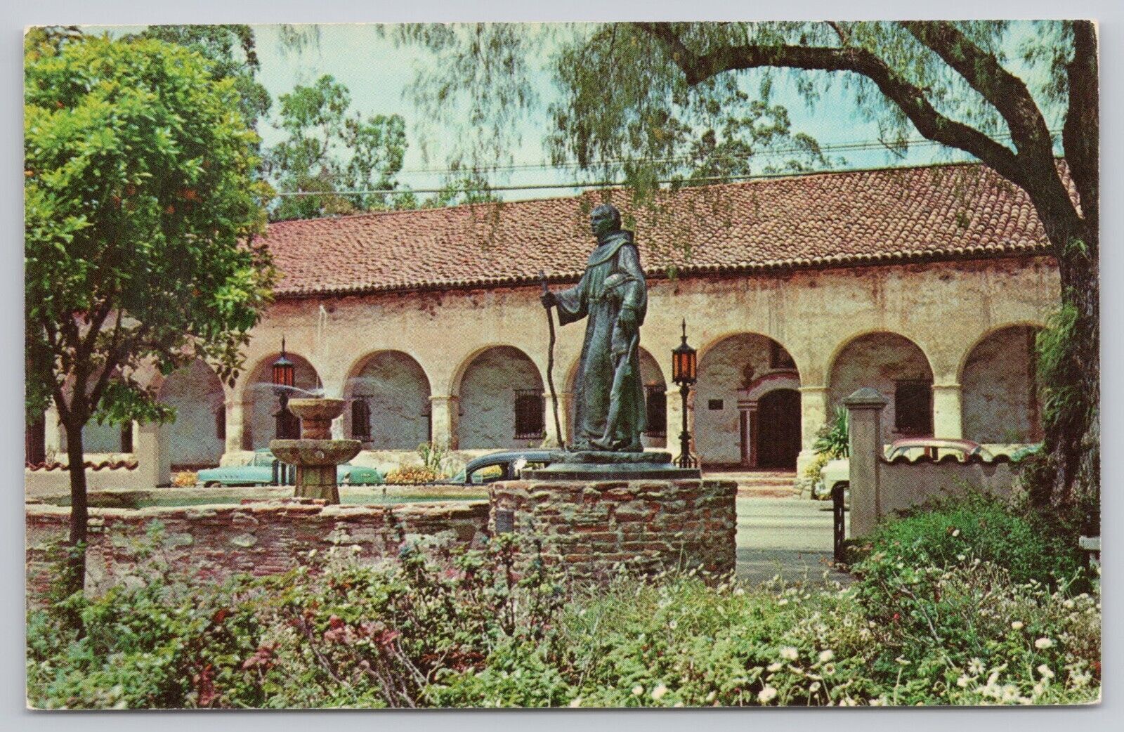 Mission Hills CA, Mission San Fernando Garden Junipero Serra Statue VTG Postcard