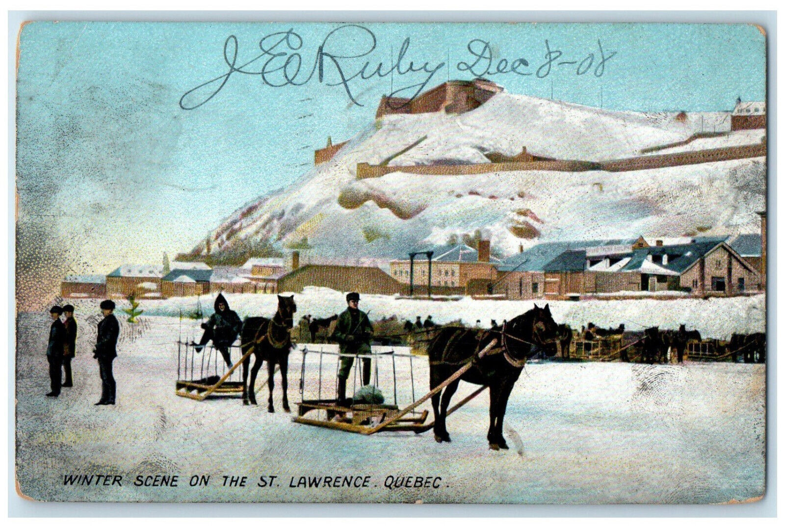 1908 Winter Scene on the St. Lawrence Quebec Canada Horse Sleigh Postcard