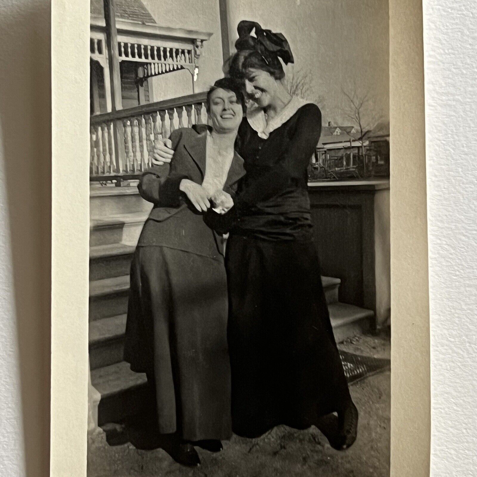 Antique B&W Snapshot Photograph Beautiful Young Women Affectionate Hug