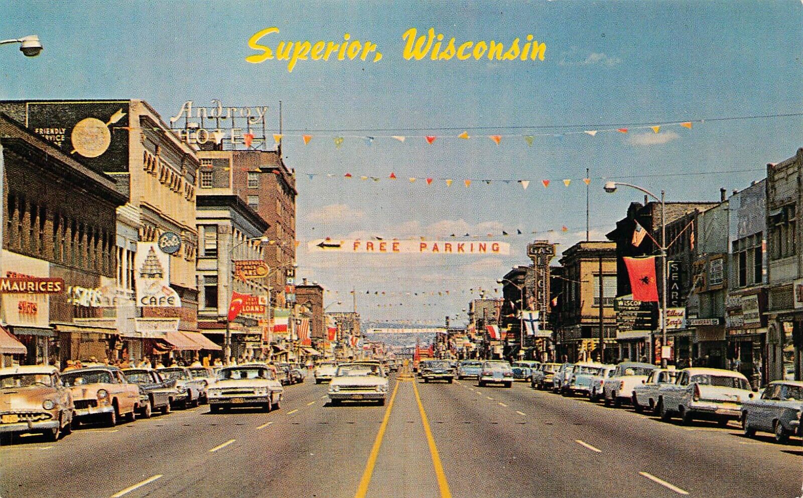 Downtown Superior Wisconsin Main Street Maurices Androy Hotel Vtg Postcard B42