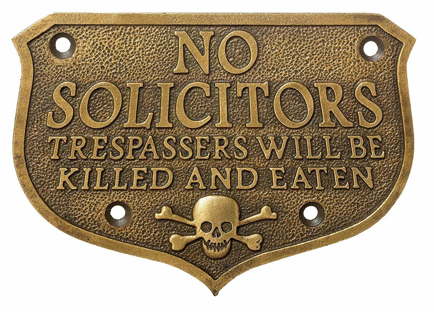 Pirate Skull No Solicitors SolId Brass Plaque With Antique Finish