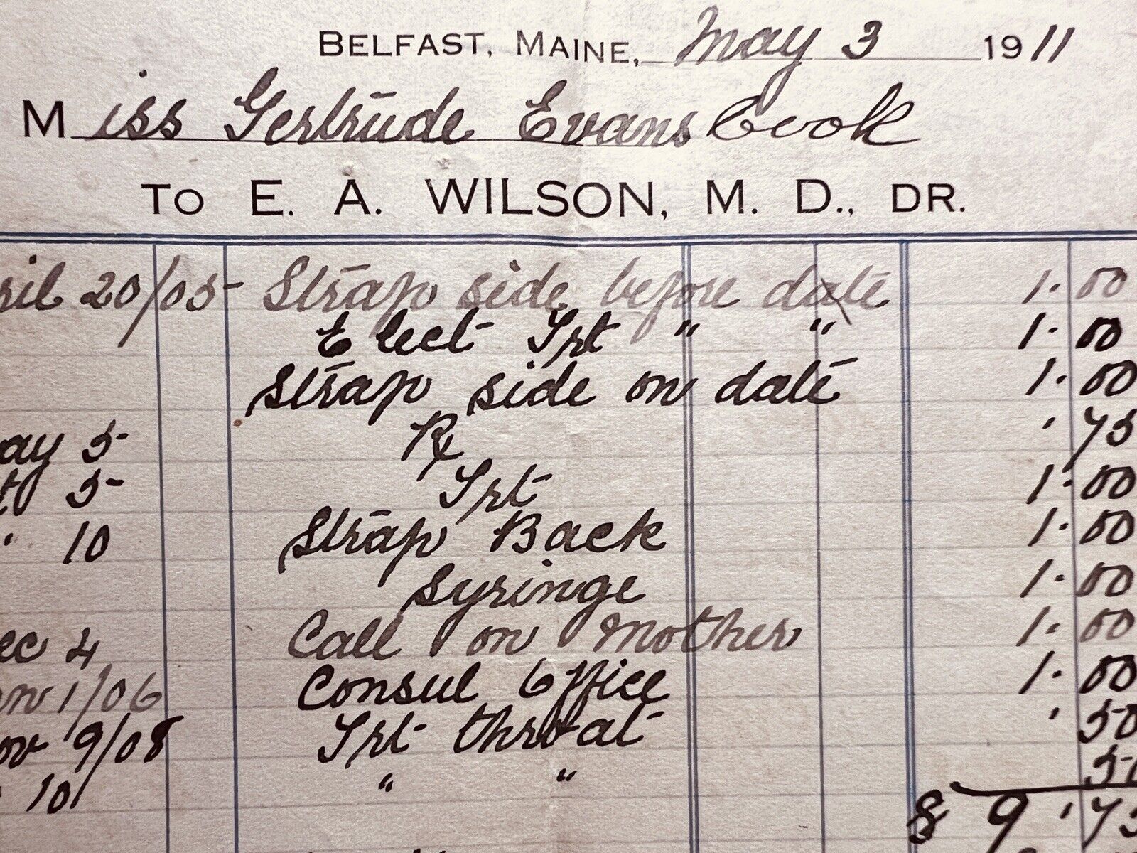 1911 Medical Dr Invoice Bill Belfast ME Maine EA Wilson MD DR Medicine Antique