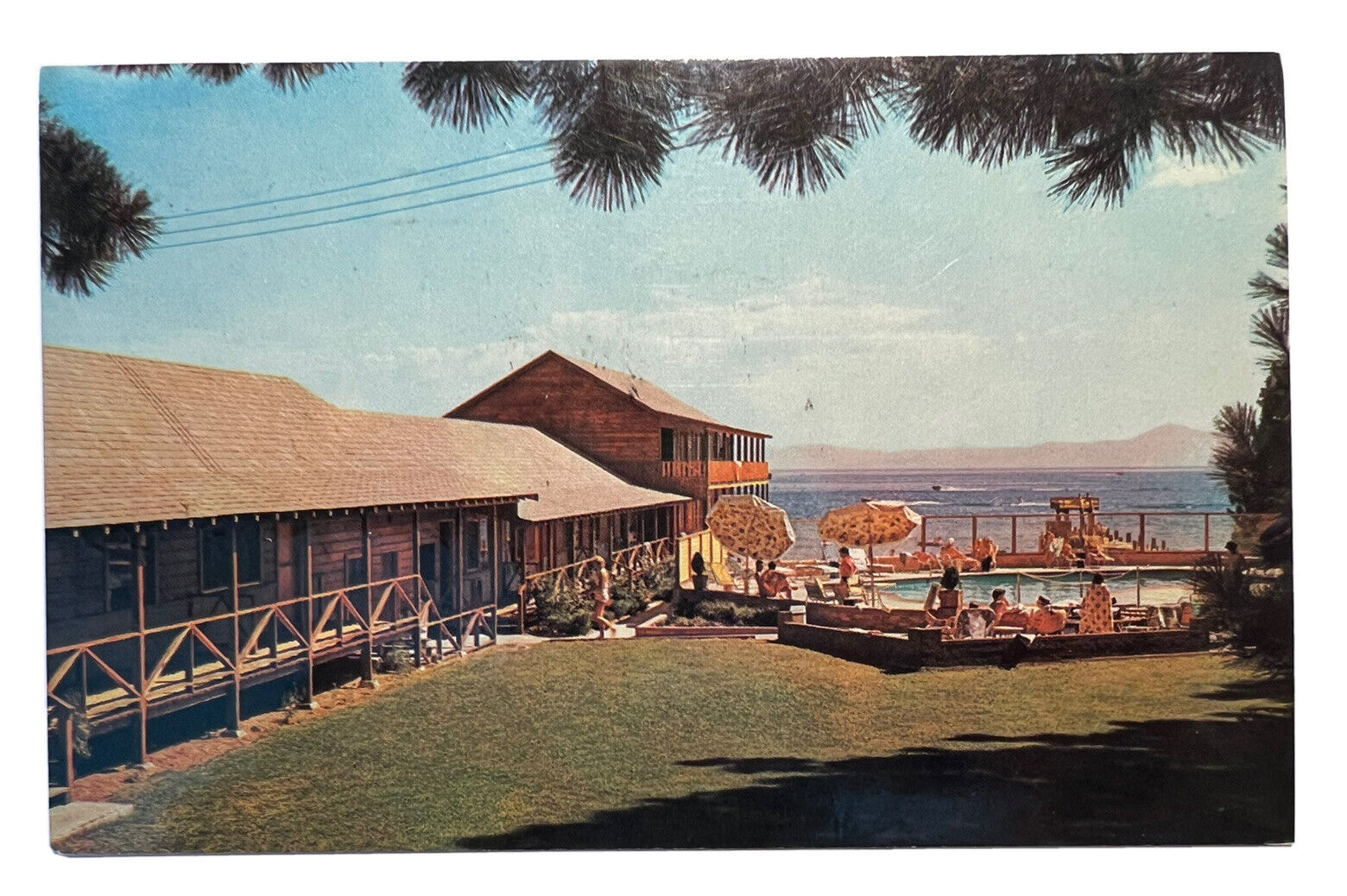 1959 Postcard EDGELAKE BEACH RESORT LAKE TAHOE CALIFORNIA Swimming Pool A8