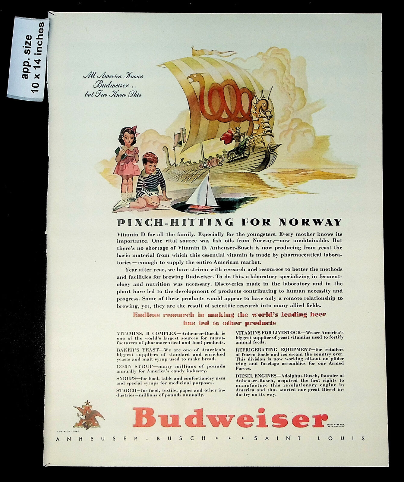 1942 Pinch-Hitting for Norway Budweiser Anheuser Busch Vintage Print Ad 41014