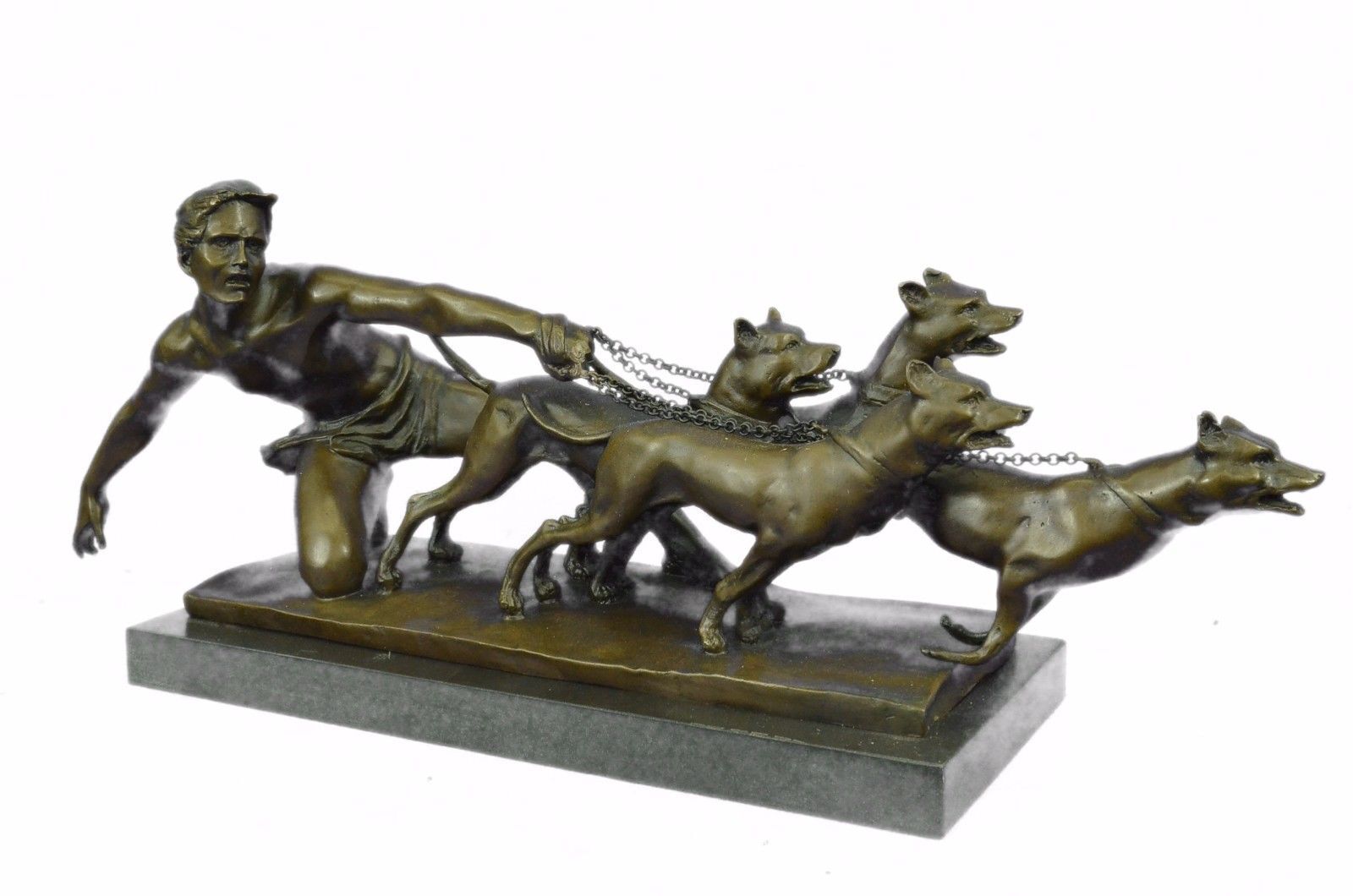 Handcrafted Man Pulling 3 Dogs Bronze Sculpture Museum Quality Artwork Hot Cast