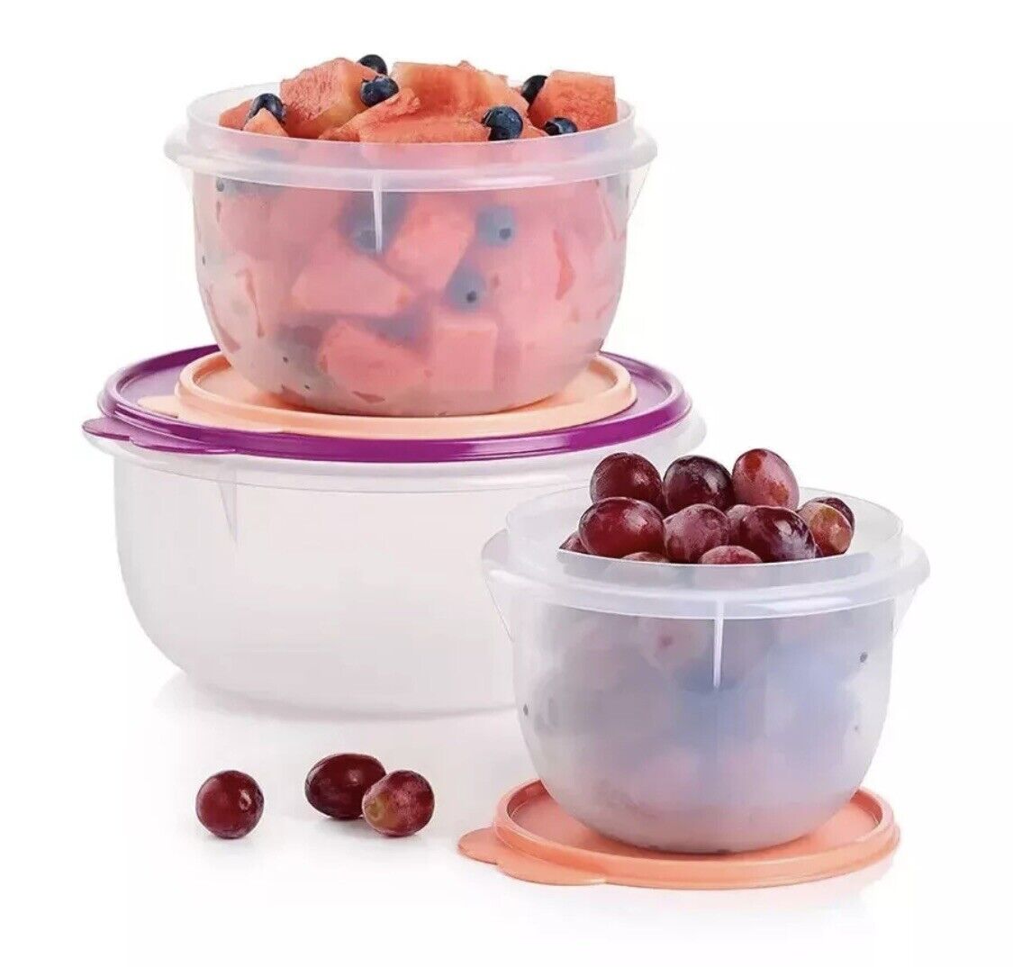 Tupperware Classic MIXING Bowl Set 3 With Matching Lids Flat Bottom New
