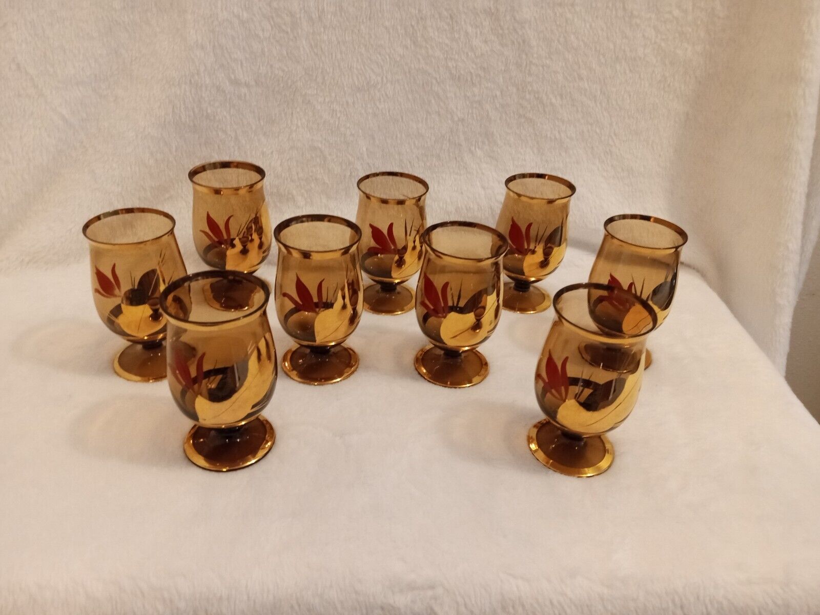 VINTAGE AMBER LIQUEURS , GOLD OVERLAY AND RIMS
