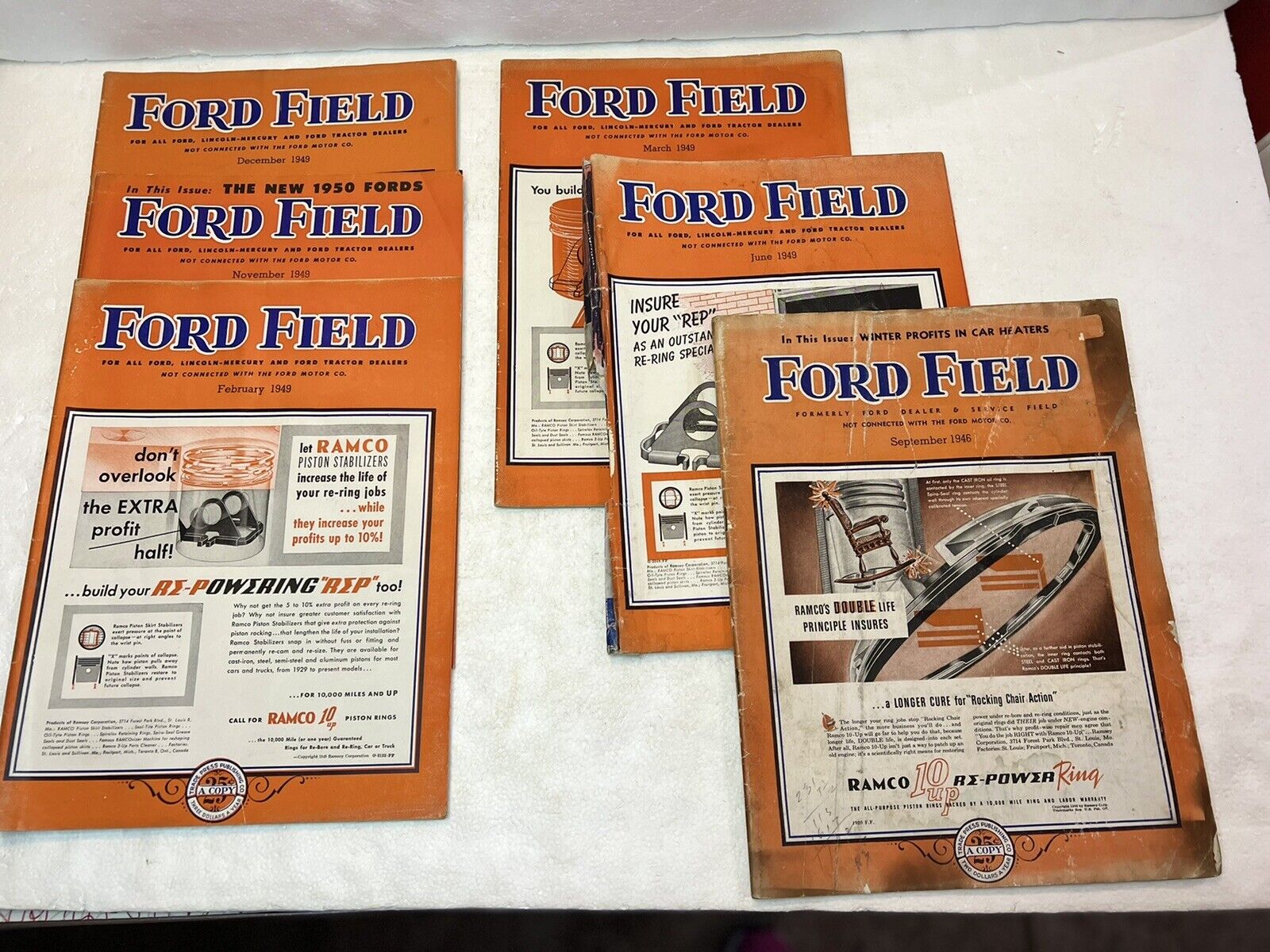 1949, 1946 (Sept) Ford Field Magazine Lot Of 6 Feb Mar June Nov Dec