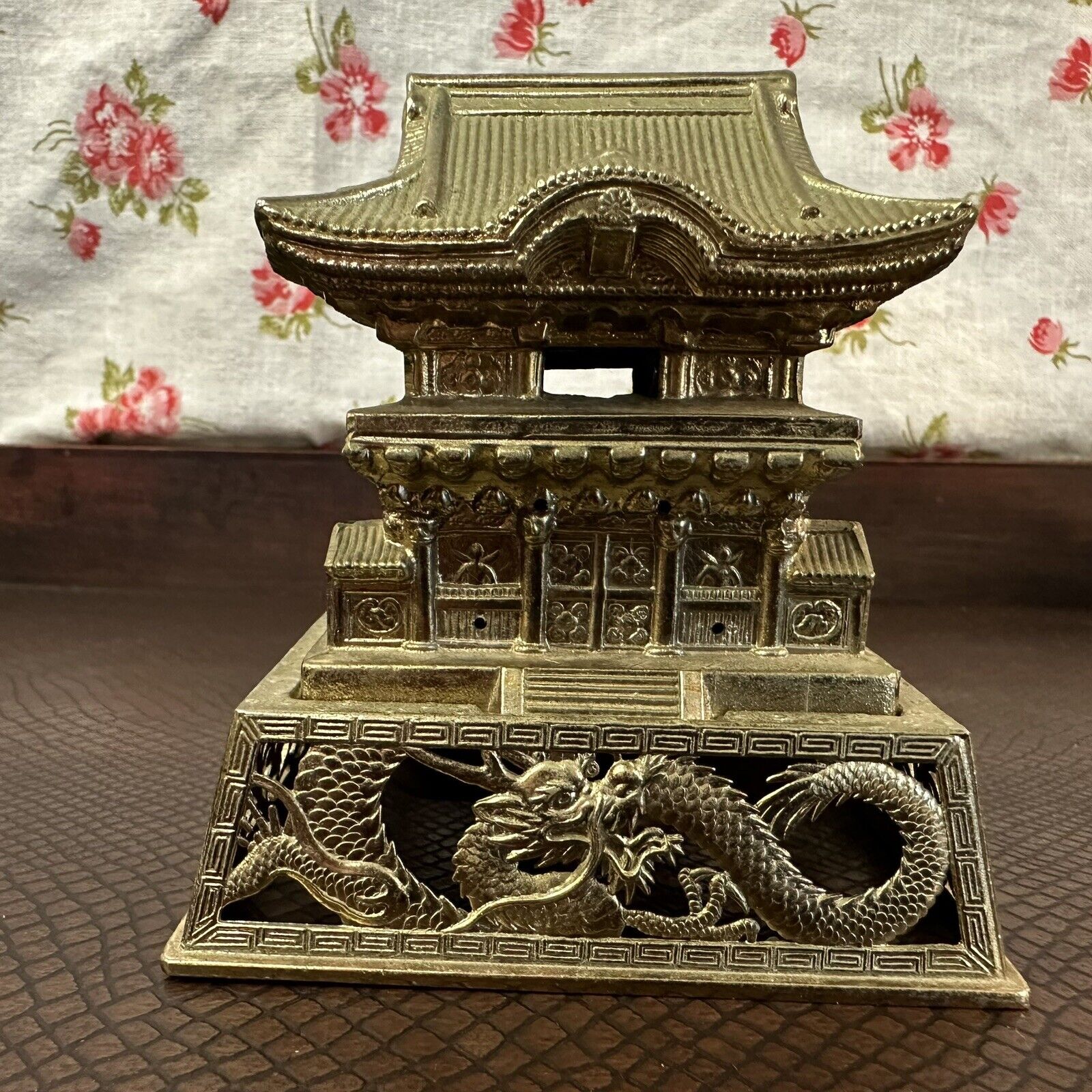 Vintage Japanese Golden Metal Pagoda Incense Burner With Dragon