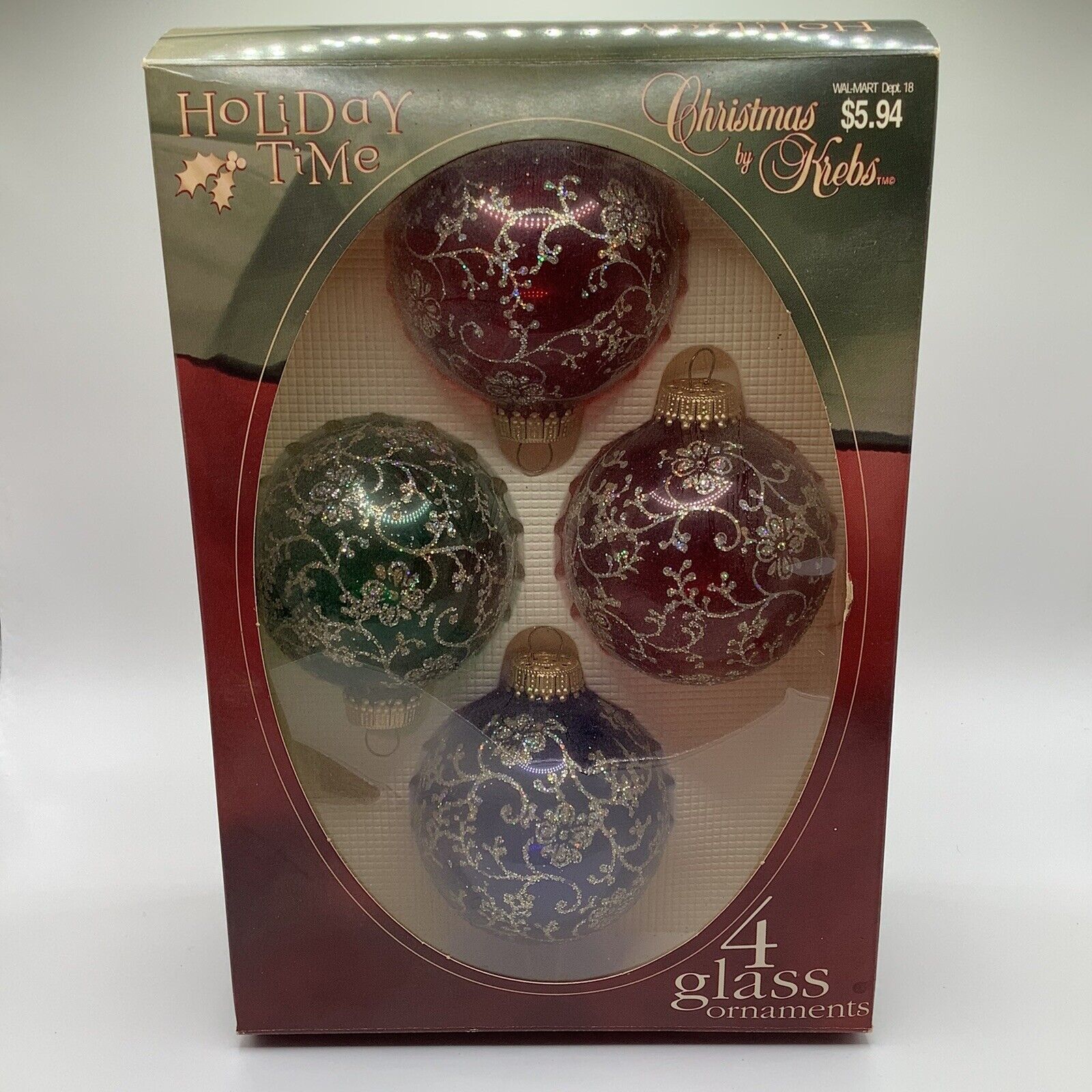 Vintage Christmas By Krebs Glass Ornaments With Floral Glitter New Open Box