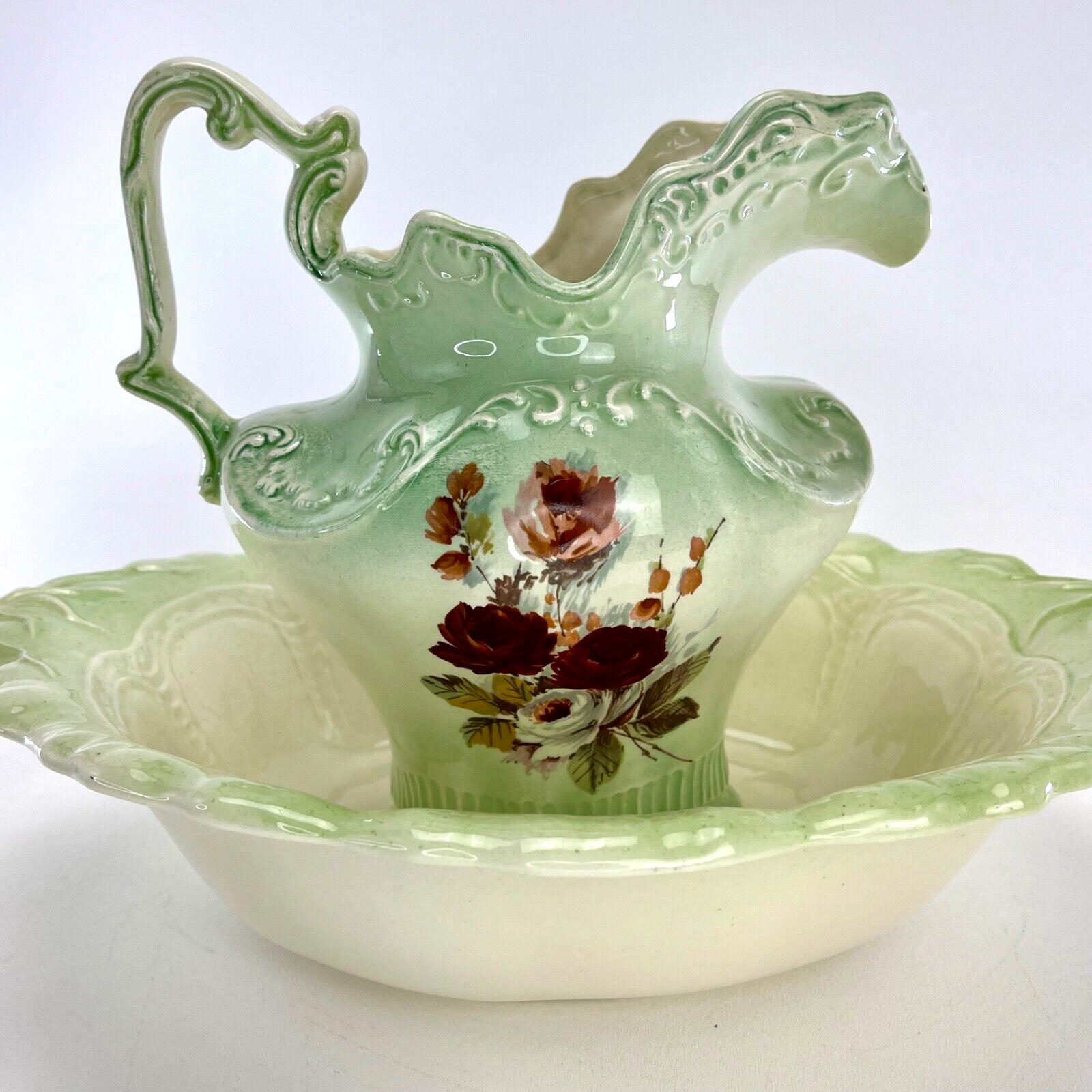 Vintage Arnels Pitcher and Basin Bowl Set Spring Green Embossed Porcelain Floral