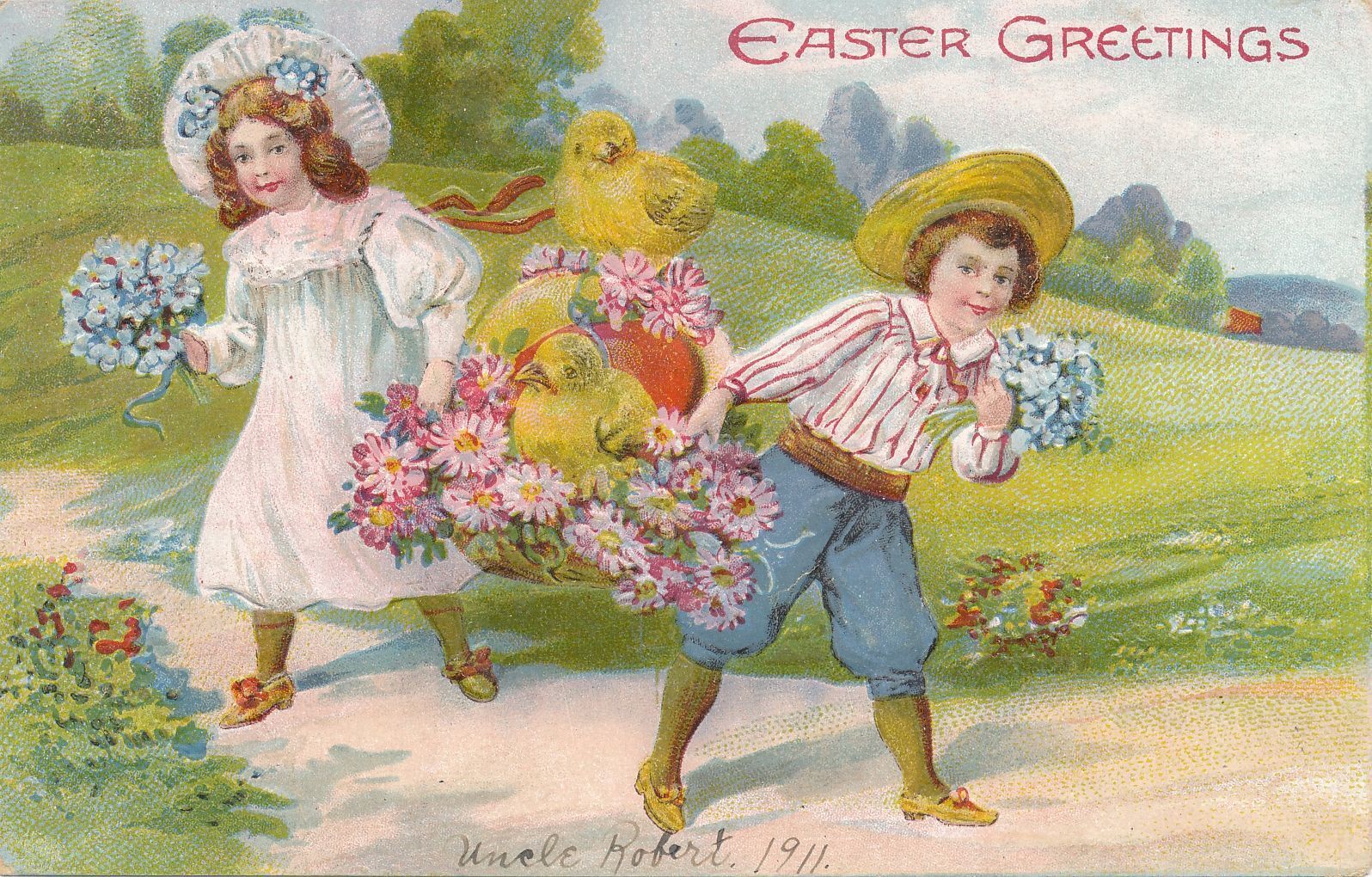 EASTER - Dressed Up Children Carrying Basket Of Chicks and Flowers Postcard-1911