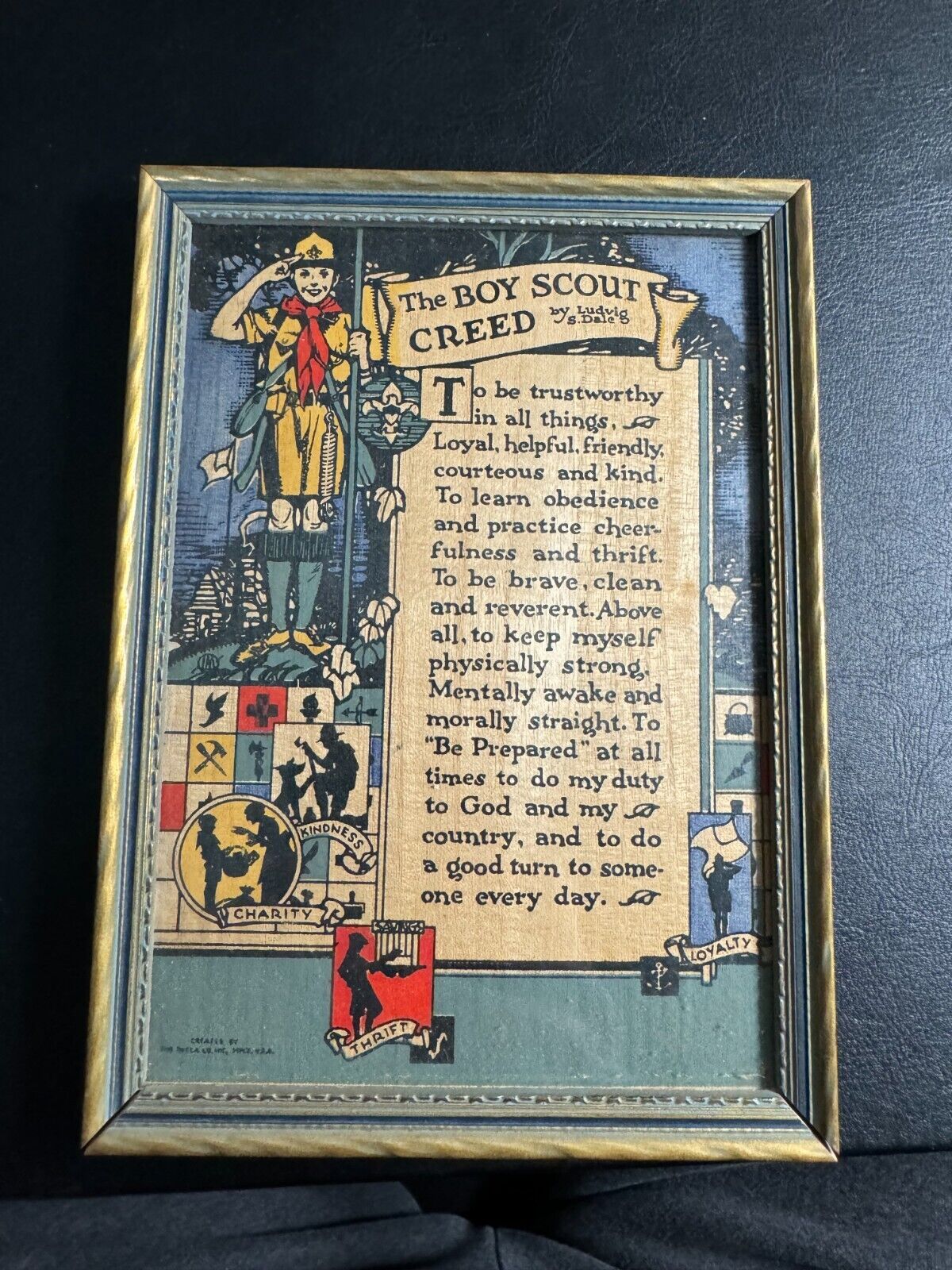 Vintage 1935 Boy Scout Creed Antique Framed Buzza Company Lithograph