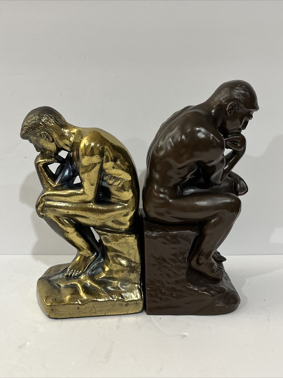 VINTAGE RODIN THE THINKER 7'.5” THINKING MAN BRASS Bronze FINISH METAL BOOKENDS