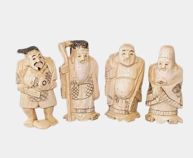 Set of (4) Antique Asian Miniature Figurines Carved Lucky Gods