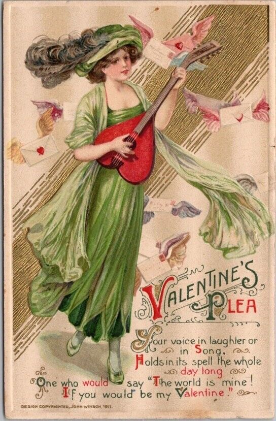 Winsch VALENTINE'S DAY Embossed Postcard Pretty Lady / Heart Mandolin SCHMUCKER