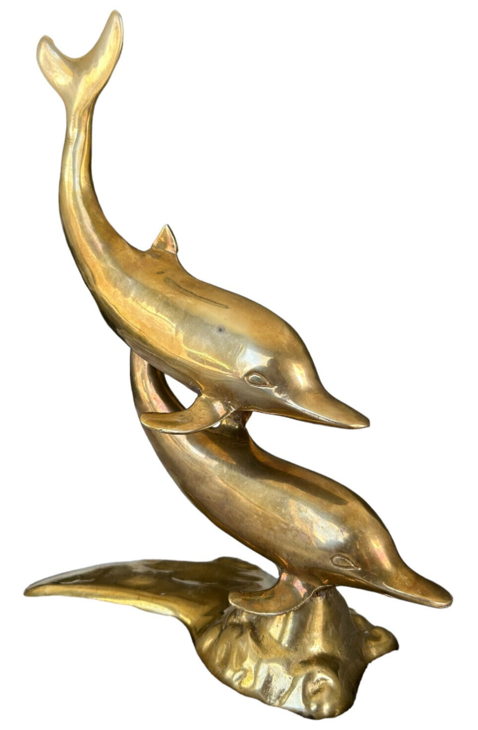 Vintage Solid Brass Swimming Dolphins Nautical Statue Sculpture MCM 11 inches