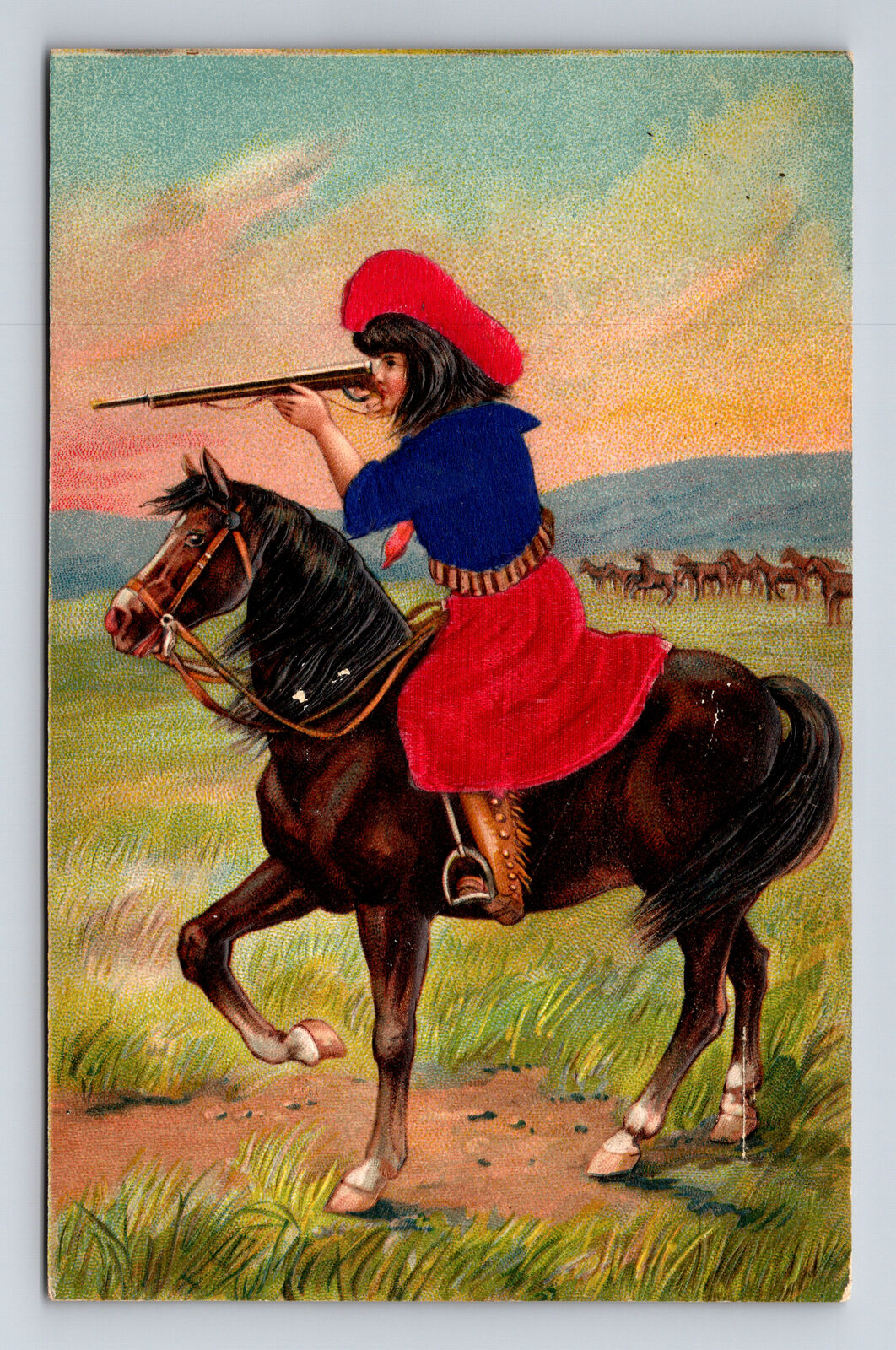 Cowgirl Girl on Horse Hunting Rifle Dress Hat to Sheboygan WI SILK Postcard