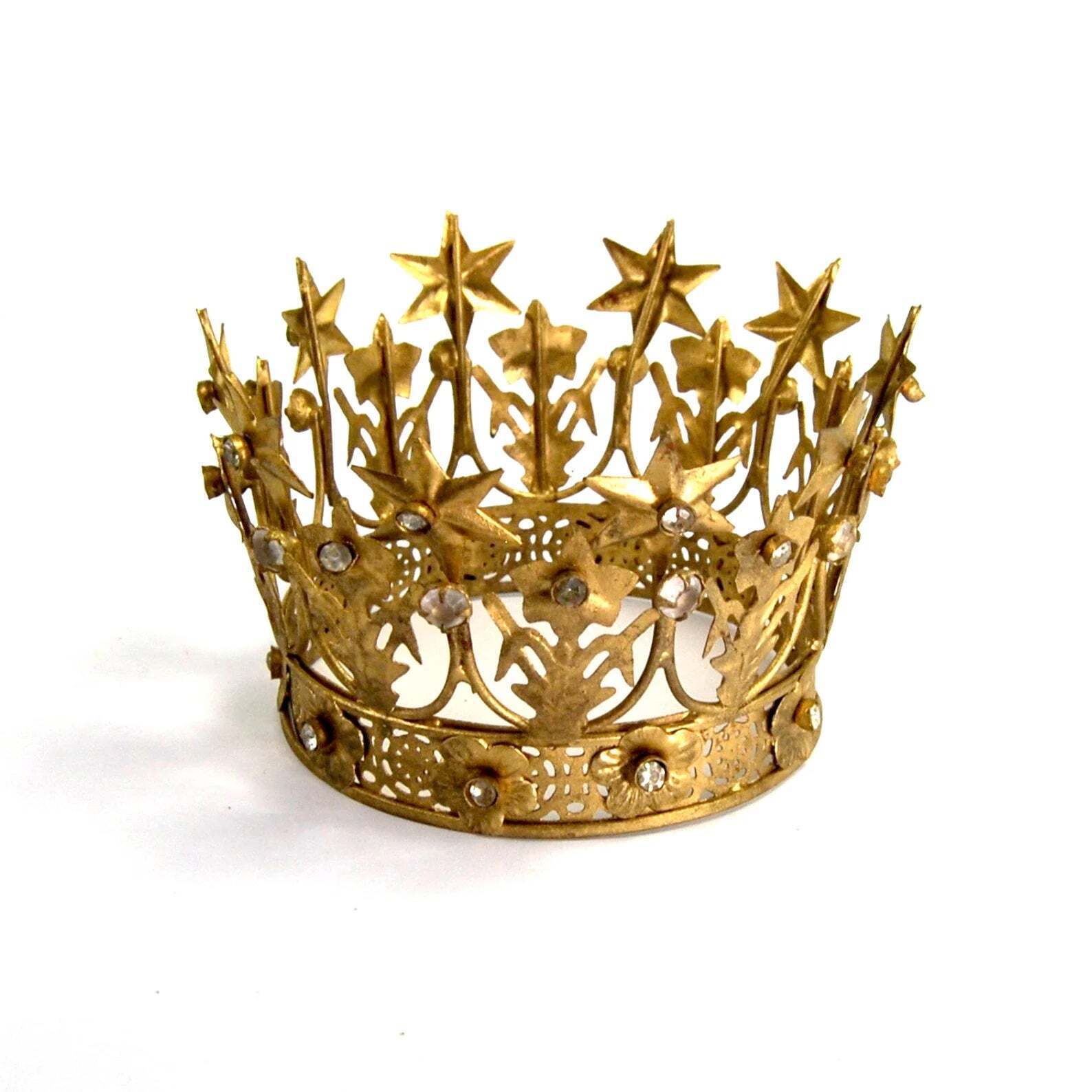3in Santos Crown Antiqued Gold Rhinestone Star Lily Motif, Medium