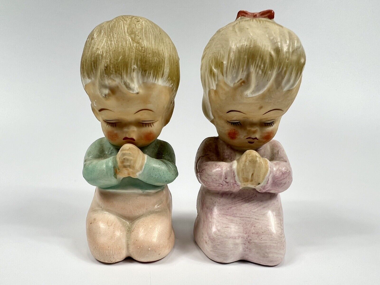 Vintage Japan Little Boy and Girl Praying figurines Pink Bow Green Shirt Blond