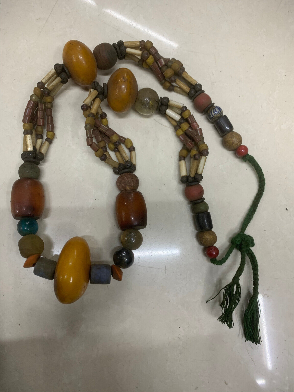 Large Tibetan Old Agate/Beeswax/Coloured Glaze Beads Prayer Necklace 