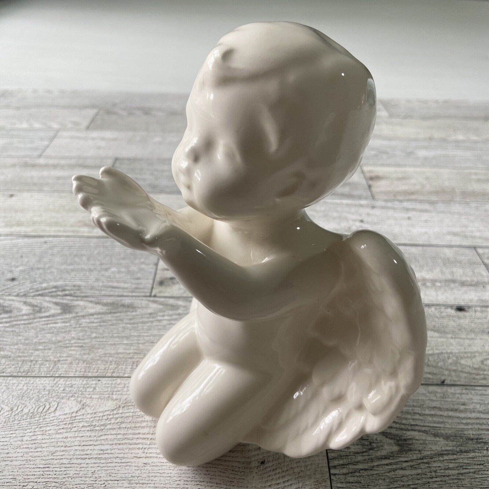 “Angel With Offering” White Ceramic Angel Figurine Cherub