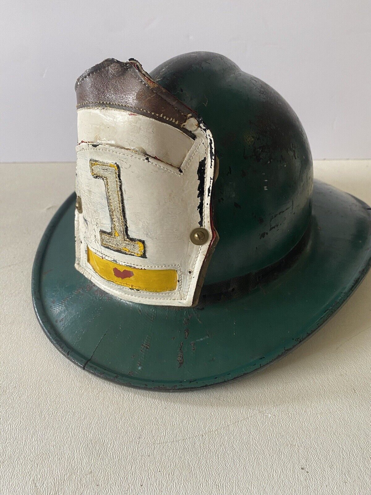 Vintage Fiberglass Fireman Fire Helmet Leather Badge- 1940’s