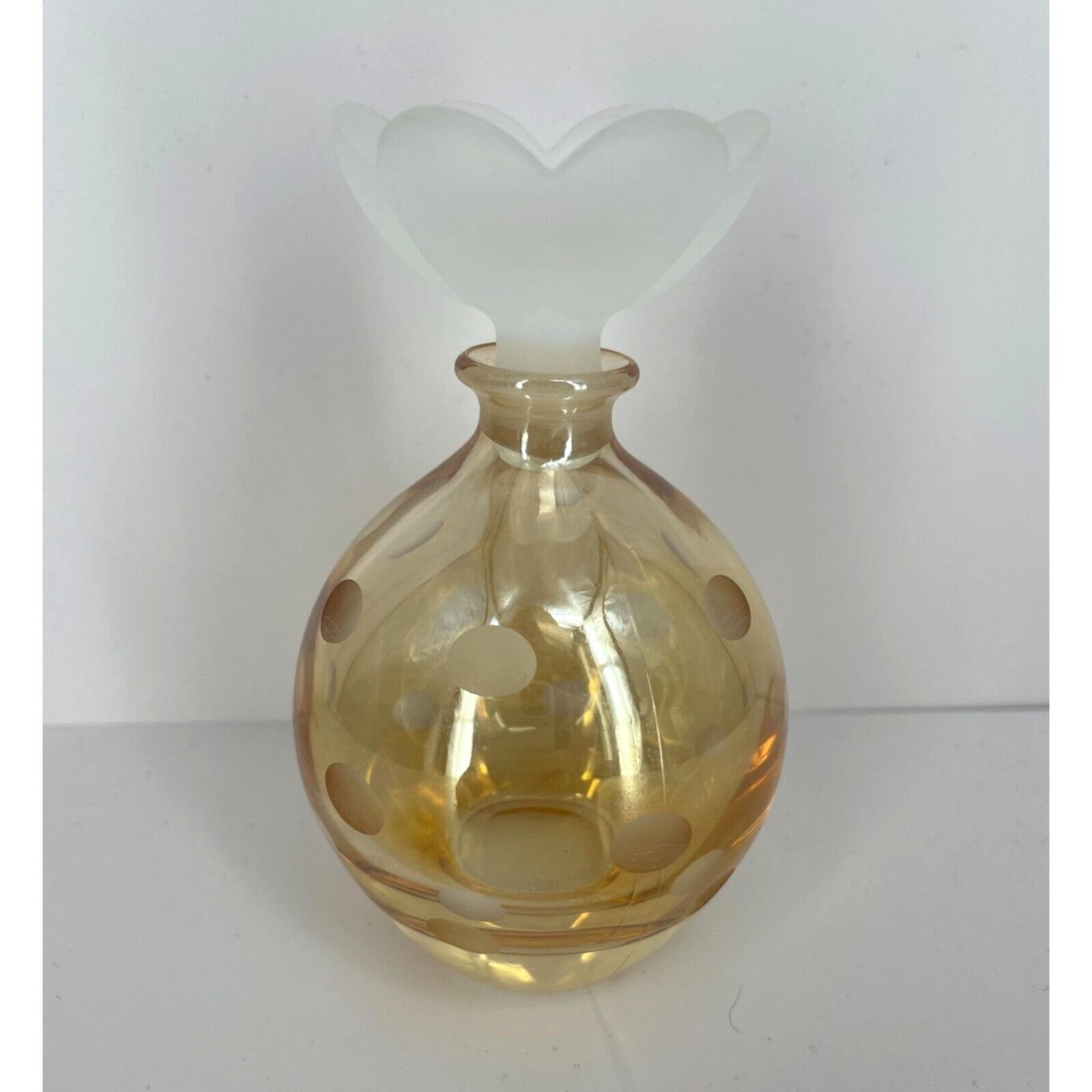 Vintage Cut Glass Perfume Bottle Clear Amber Frosted Dots Sculptural Flower Stop
