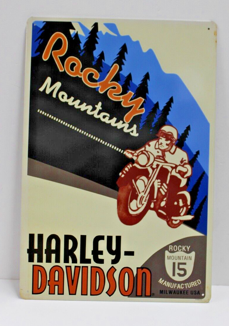 Vintage Harley Davidson Rocky Mountains 15 MFG Milwaukee WI Metal Tin Sign