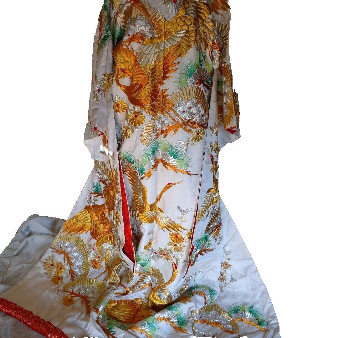 Vintage Japanese Kimono wedding Uchikake Gold Crane embroidery (u18)